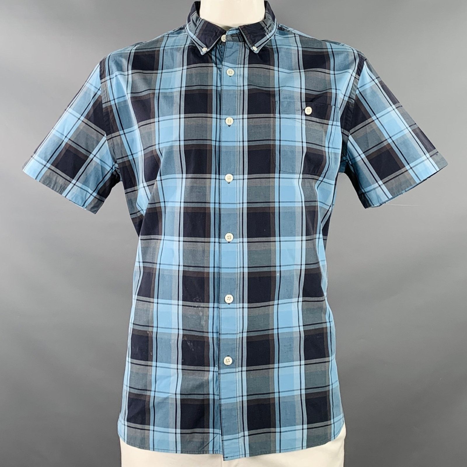 Todd Snyder Blue Navy Checkered Cotton One Pocket Short Sleeve Shirt Size US XL / EU 56 / 4 - 1 Thumbnail