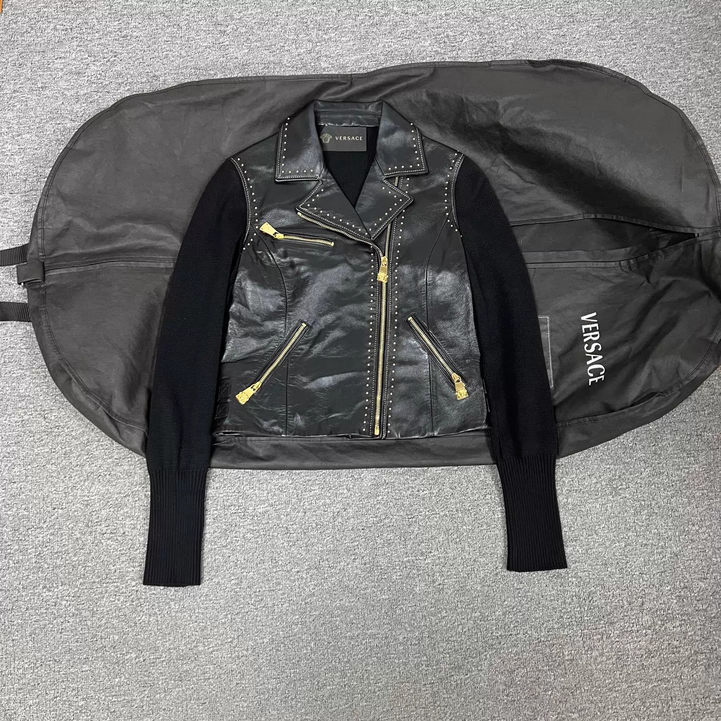 Versace Versace knit panel black gold leather biker jacket Size M / US 6-8 / IT 42-44 - 1 Thumbnail