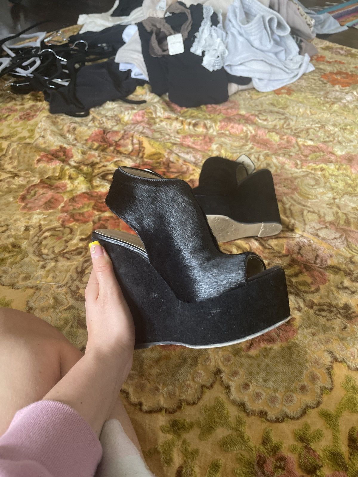 L'AGENCE Peep toe black pony hair wedge platforms Size US 8.5 / IT 38.5 - 2 Thumbnail