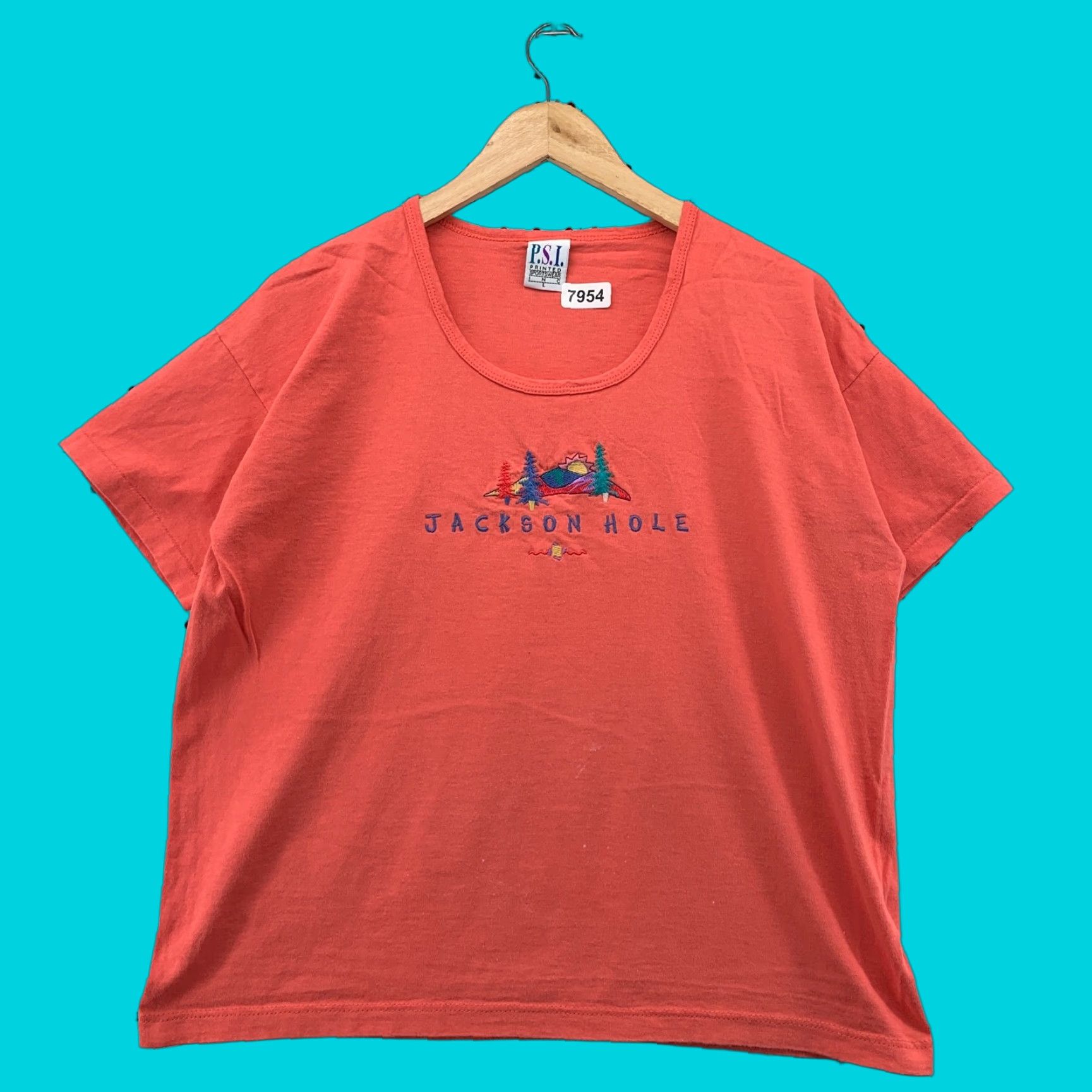 Pinko VINTAGE Jackson Hole Shirt Womens L Coral Pink Embroidered 90s 21x23.5 Printed Sportswear T-Shirt Size L / US 10 / IT 46 - 1 Thumbnail