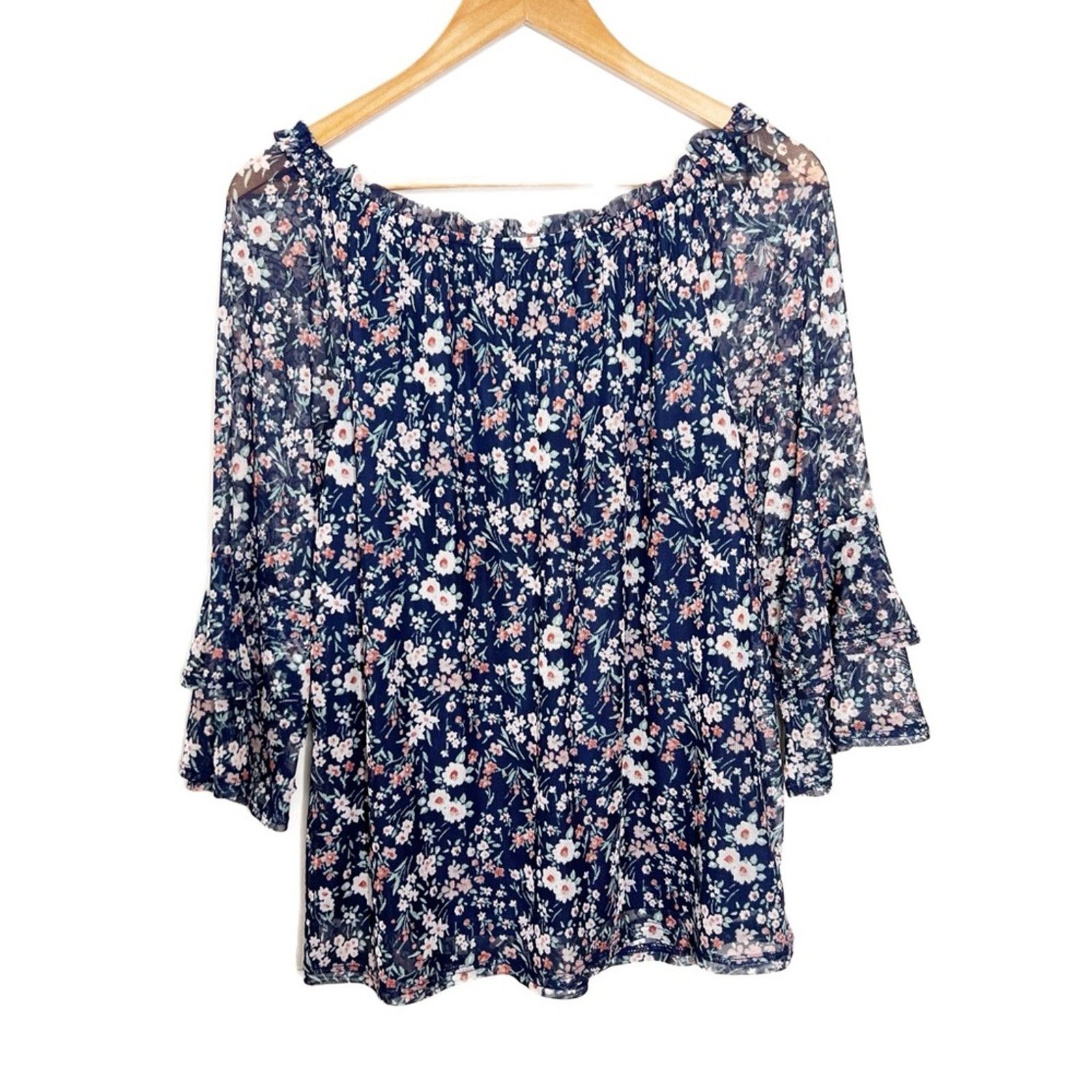 Apt. 9 APT.9 Women’s Floral Mesh Navy Blue Bohemian Blouse Top Size S / US 4 / IT 40 - 9 Thumbnail