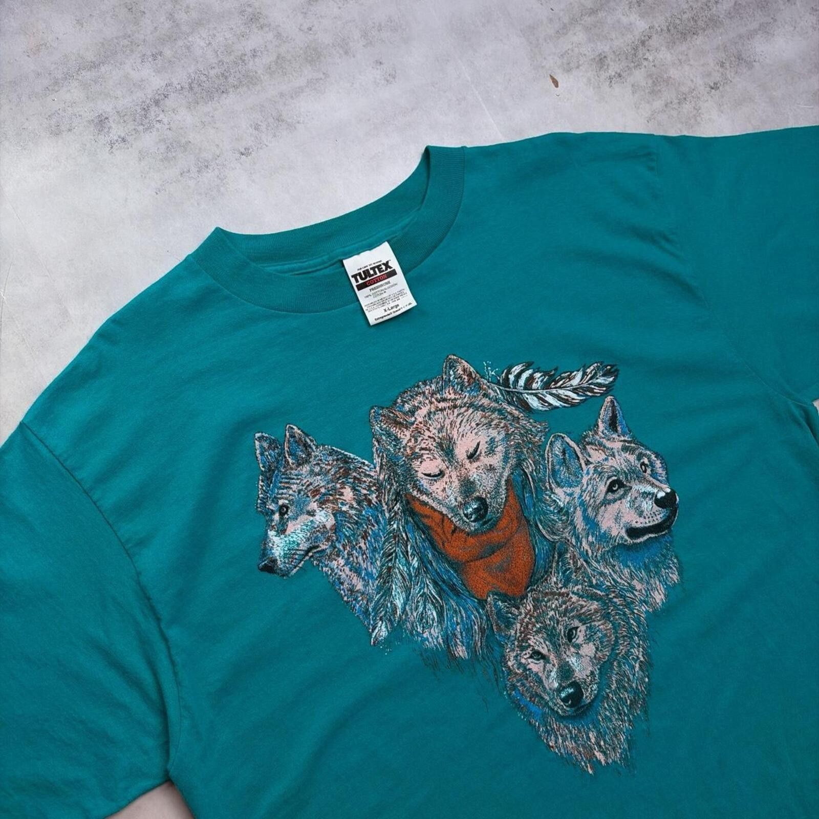 Tultex Vintage Teal Wolf Nature Graphic T-Shirt Size US XL / EU 56 / 4 - 6 Thumbnail