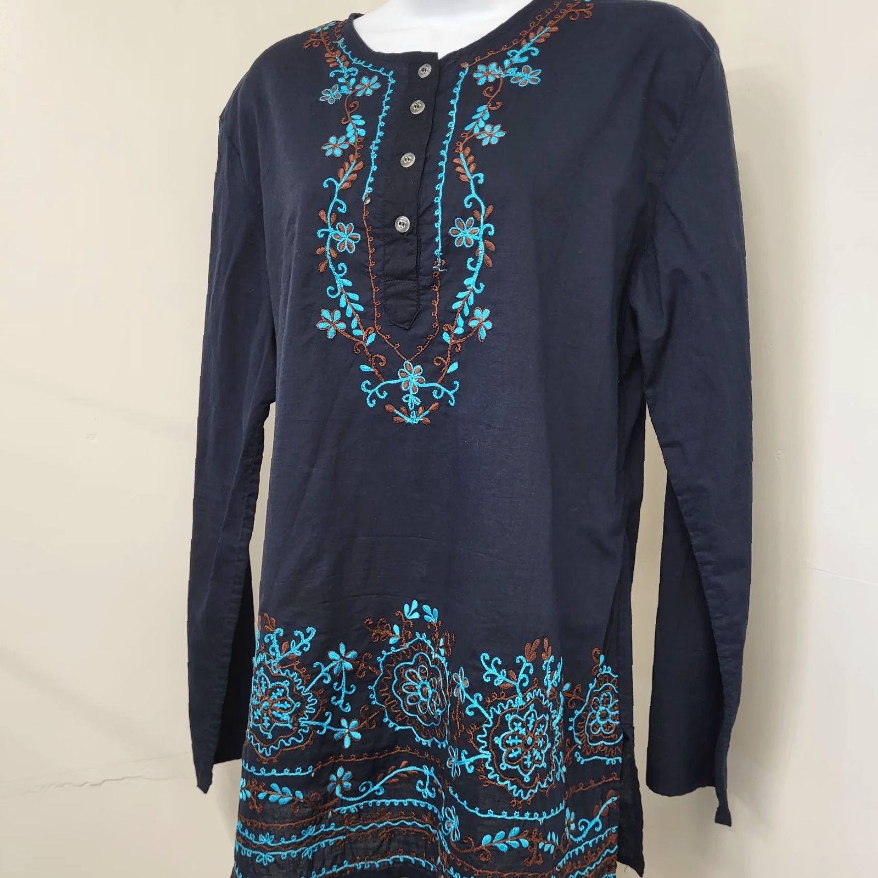 Vintage Cejon Blouse Women's M/L Black Teal Embroidered Long Sleeve Tunic Boho Shirt Dress? Size M / US 6-8 / IT 42-44 - 2 Thumbnail