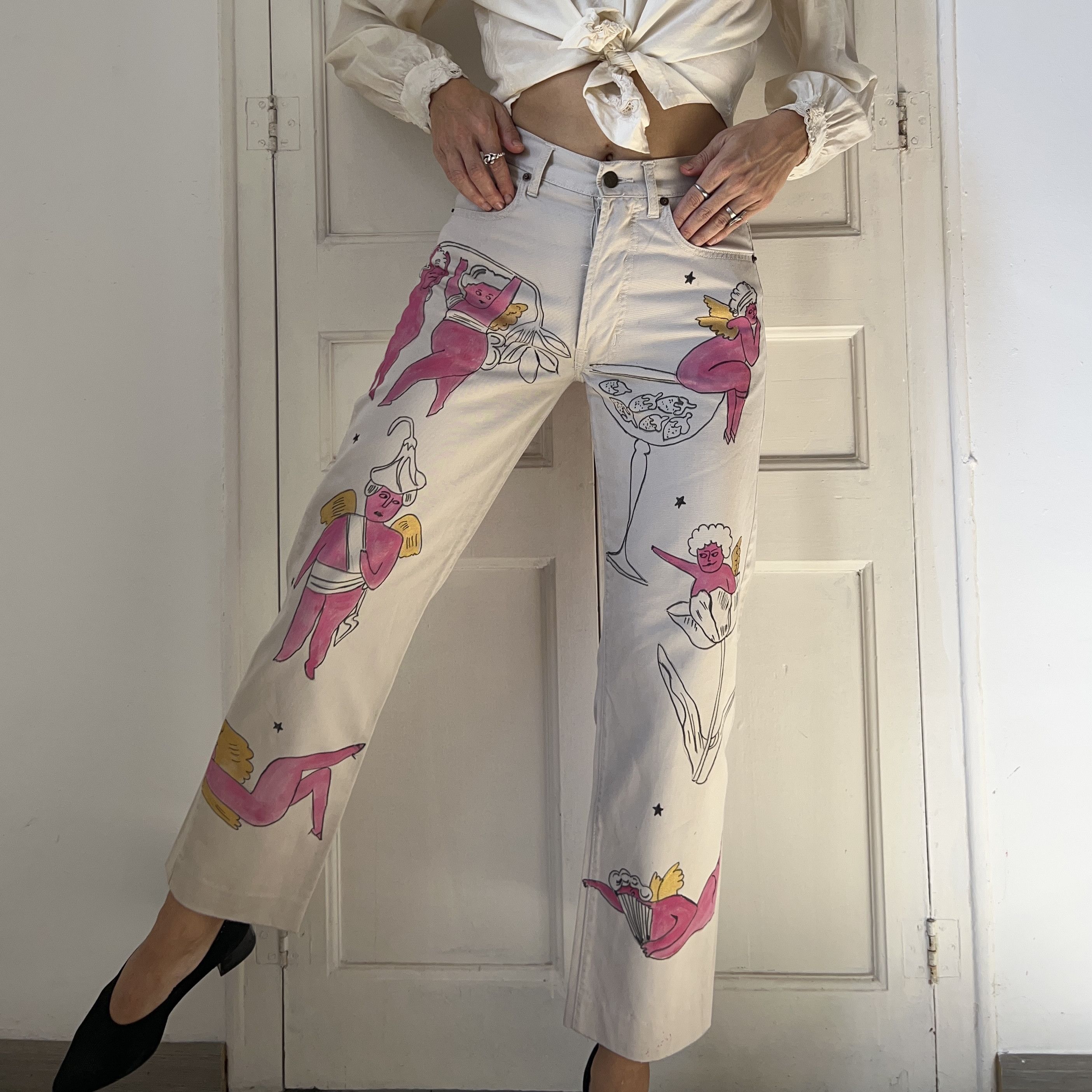 Custommade Hand-Painted Angels Cotton Trousers Size 30" / US 8 / IT 44 - 1 Thumbnail
