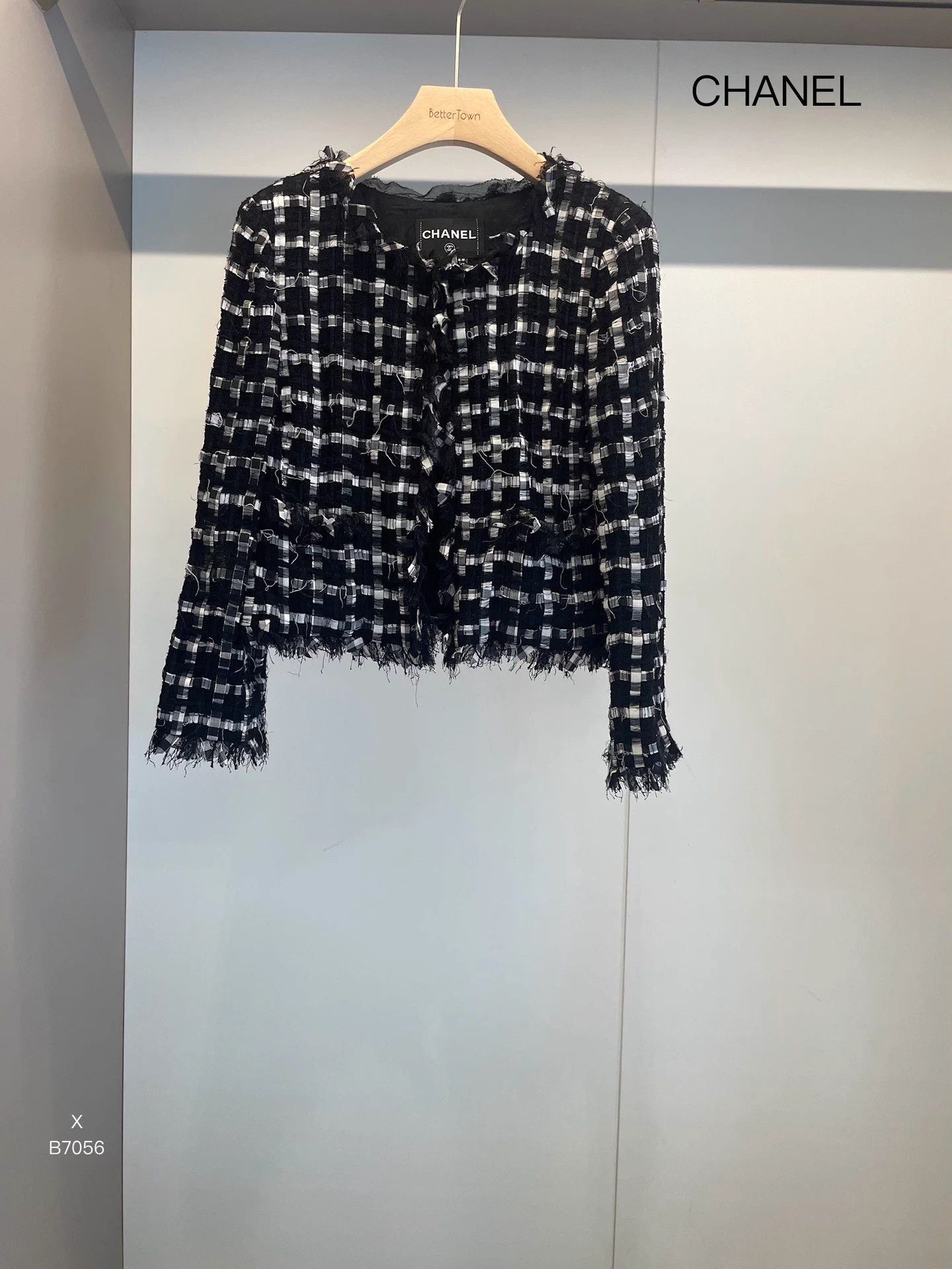 Chanel black white check nylon-cotton jacket 40B