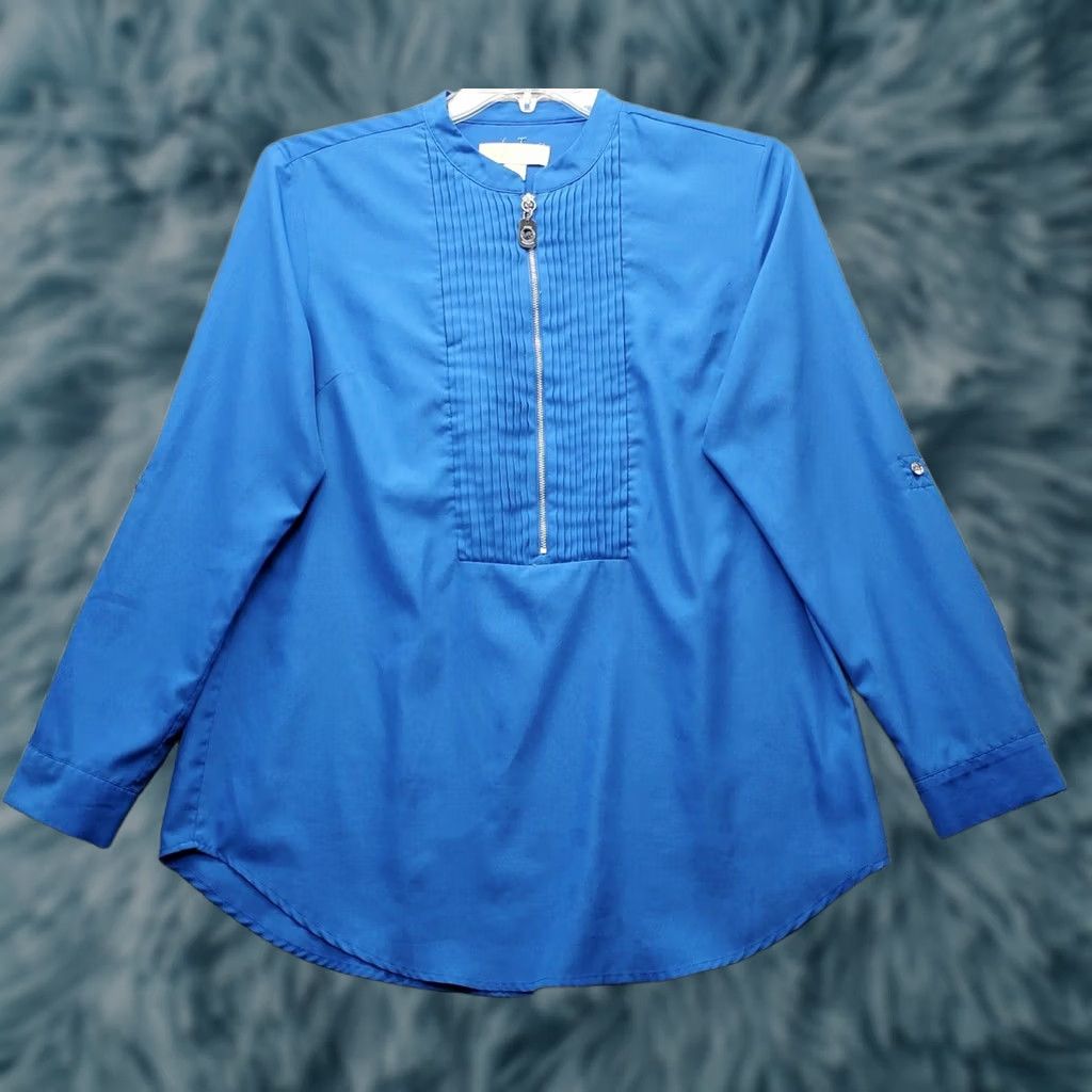 Michael Kors Michael Kors Blouse Womens Large Blue Pleated Roll Tab Long Sleeve 1/2 Zip Shirt Womens Size L Mockups Size L / US 10 / IT 46 - 1 Thumbnail