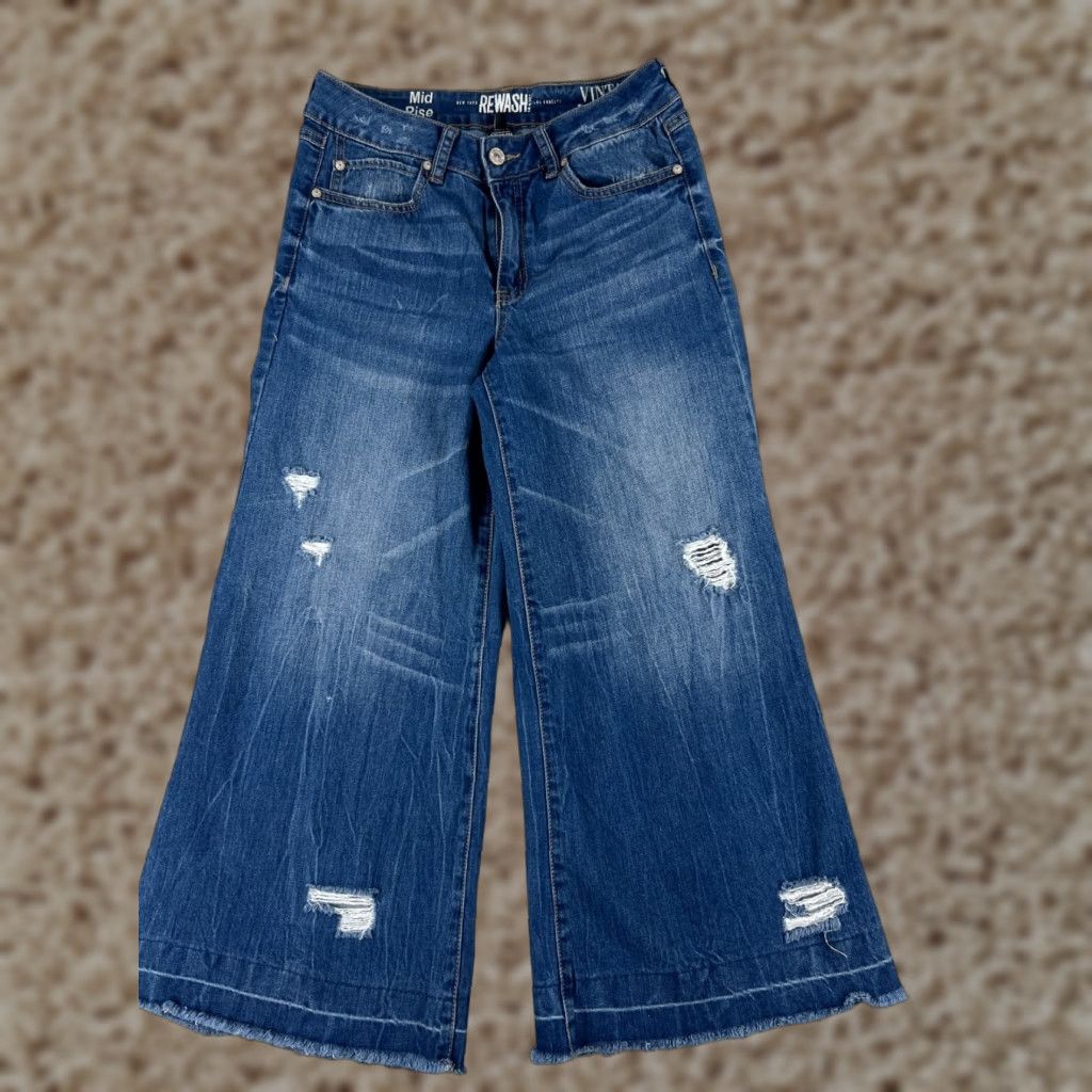 Vintage VINTAGE Rewash Jeans Women's Blue Denim 3 Wide-Leg Distressed 25x24 Low Rise 24 Inseam 5-Pocket Mens? Size 26" / US 2 / IT 38 - 1 Thumbnail