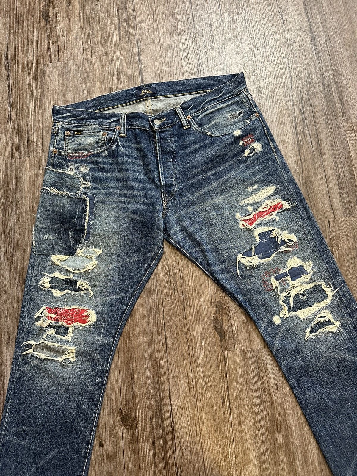 image of Polo Ralph Laurent Distressed Bandana Denim Jeans in Blue, Men's (Size 36)