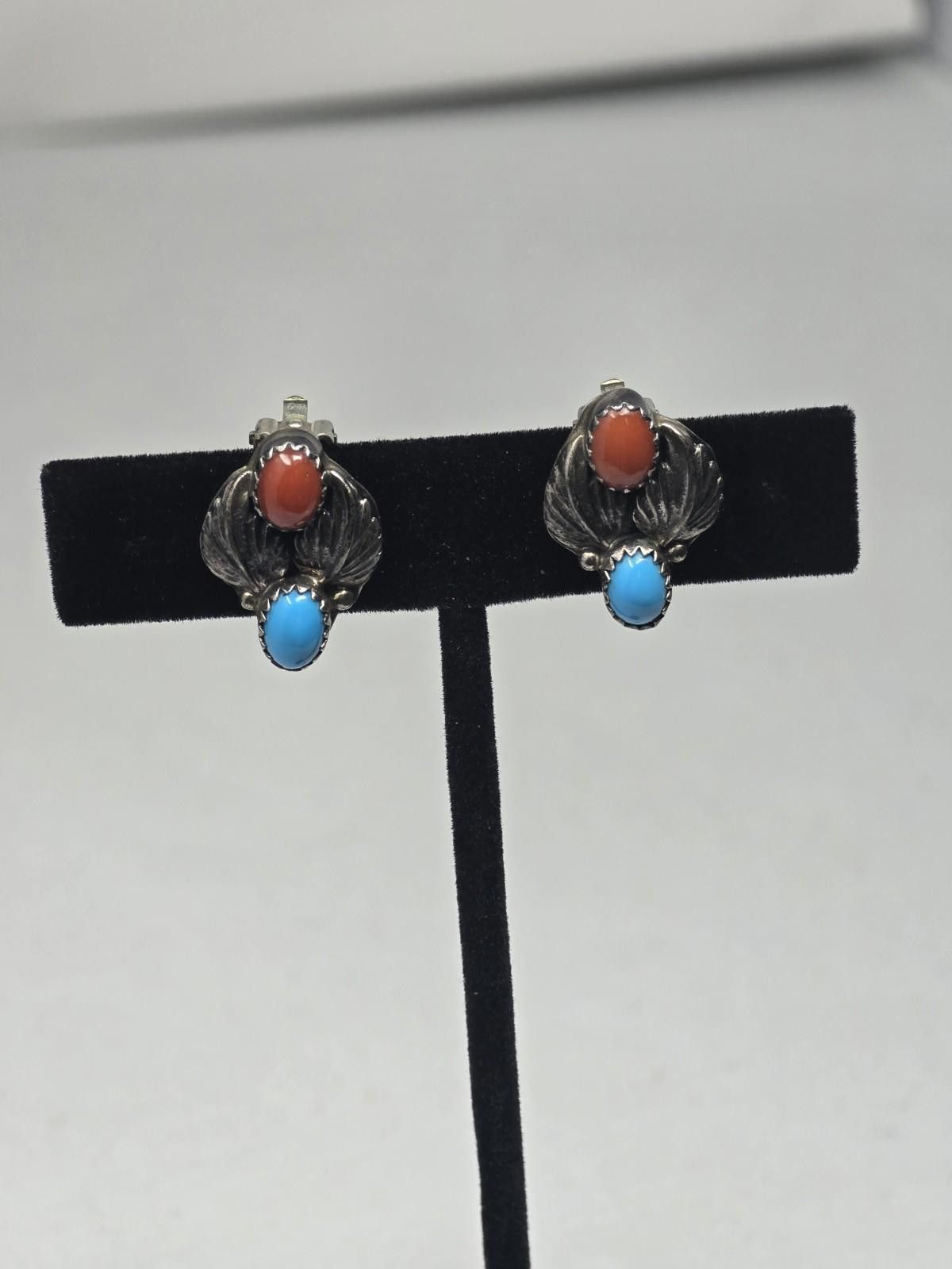Other Sterling Silver Turquoise Coral Clip Earrings Vintage Size ONE SIZE - 2 Thumbnail