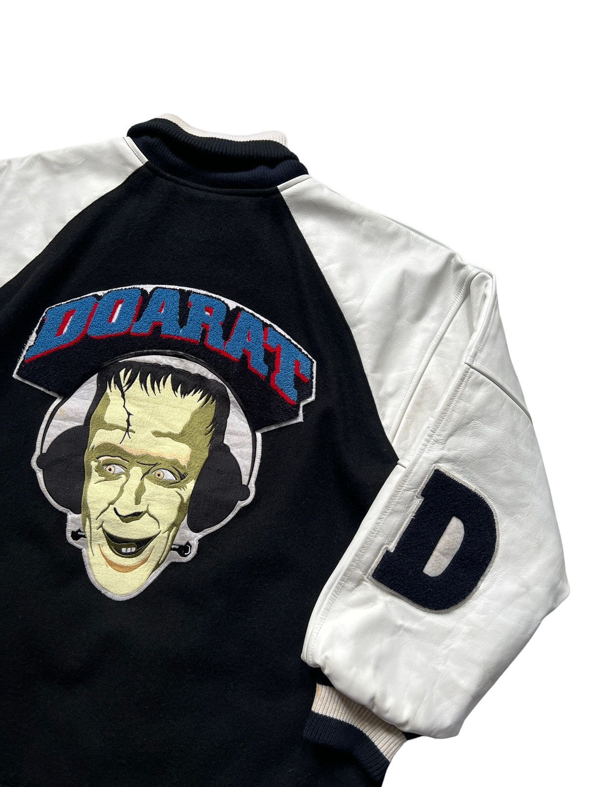 image of Doarat ‘Dj Frankenstein” Wool + Leather Varsity Jacket in Black/White, Men's (Size Large)