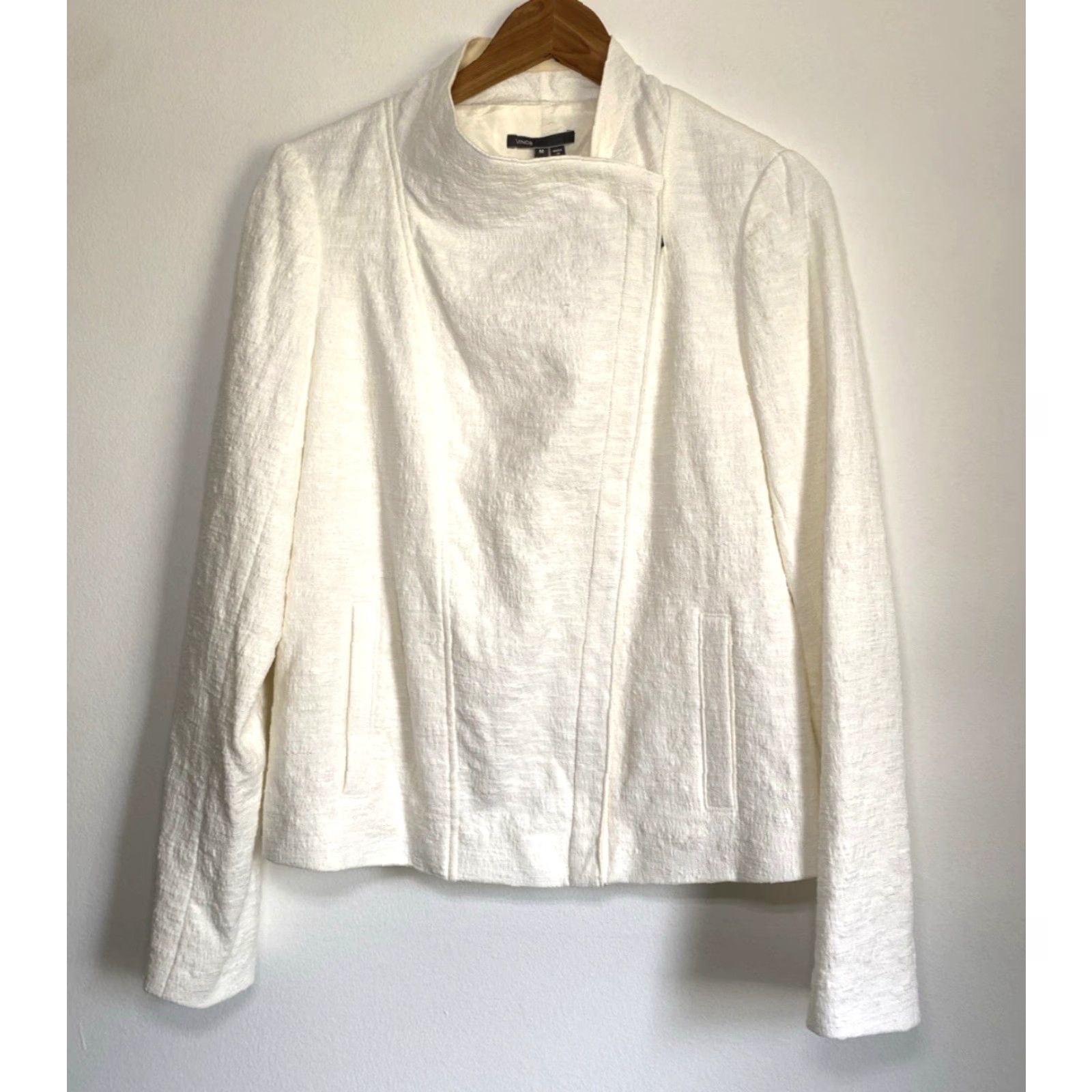 Vince Vince Women's Biker Jacket Sz M Cream NWT Stretch Cotton Frise Asymmetrical Zip Full Zip Pockets Size M / US 6-8 / IT 42-44 - 3 Thumbnail