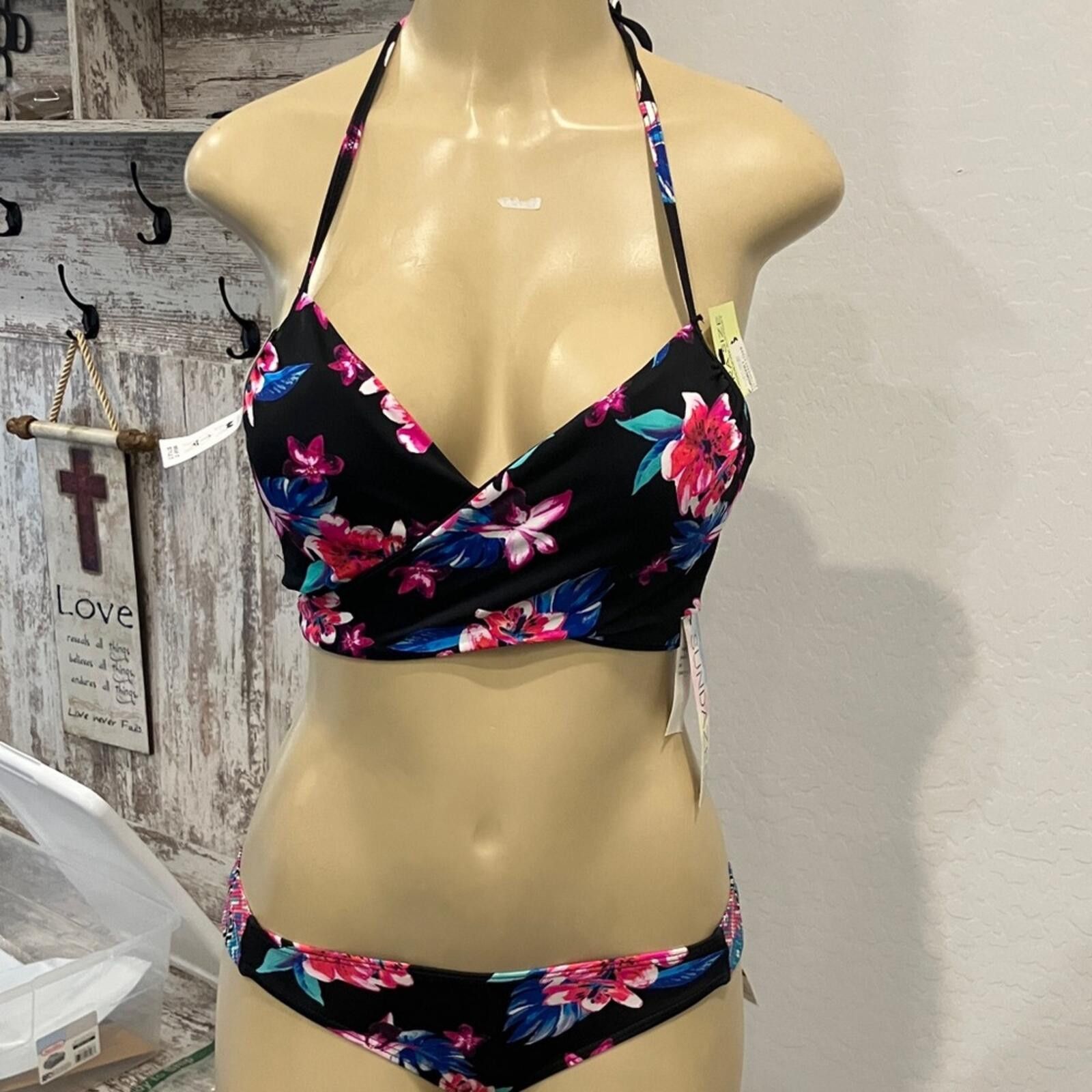 Sundae School Hot Pink Women's Bikini Set -Black Floral Two-Piece Swimwear Size ONE SIZE - 10 Thumbnail