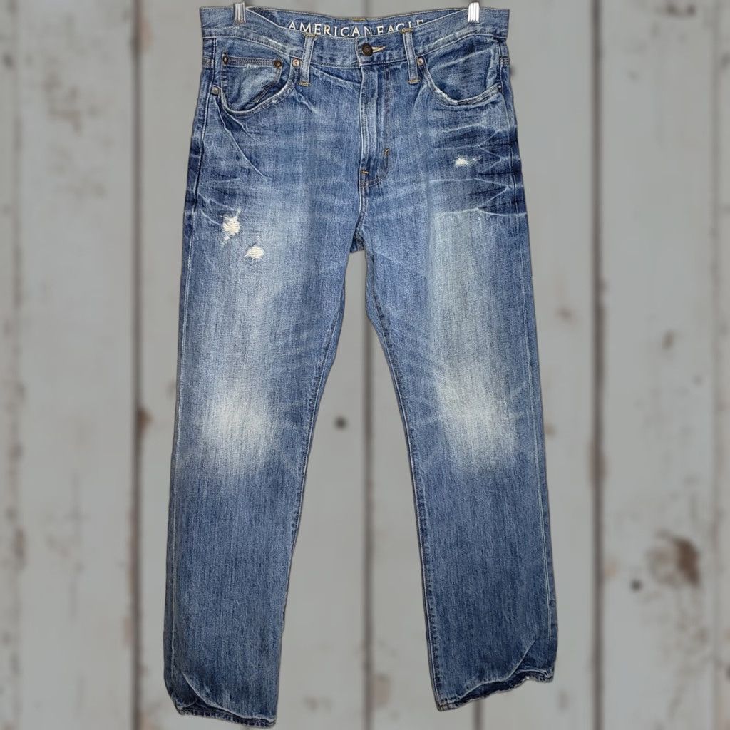 American Eagle Outfitters American Eagle Outfitters Jeans 33x32 Medium Stone Wash Distressed Relaxed Mens Blue Denim Straight Casual Jeans Size US 33 - 1 Thumbnail