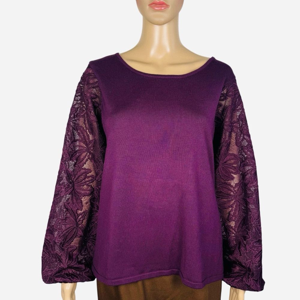 Adrianna Papell NWT New $89 Adrianna Papell Purple Knit Lace Balloon Sleeve Size L / US 10 / IT 46 - 1 Thumbnail
