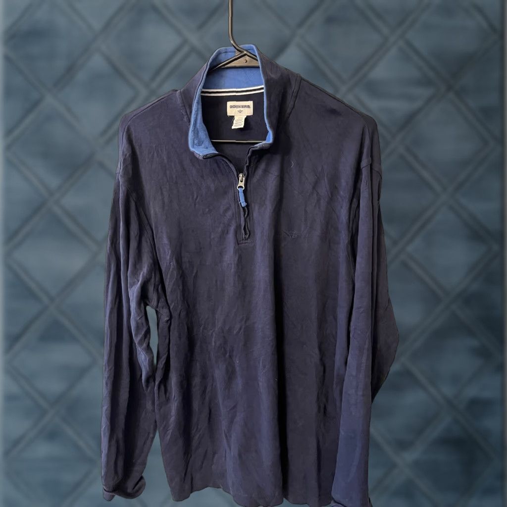 Dockers VINTAGE Dockers 1/4 Zip Sweater Men's XL Navy Blue Mock-neck 1/2 Zip Knit Solid Acrylic, Cotton 100% Blue Mens XL Size US XL / EU 56 / 4 - 1 Thumbnail
