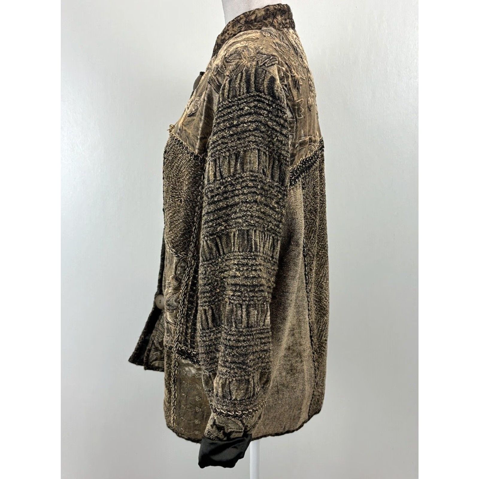Velour VINTAGE Flashback Velour Jacket Embroidered Lace Women Mid-Length Brown Green 90s Retro Boho Velvet Jacket Womens M Size M / US 6-8 / IT 42-44 - 2 Thumbnail