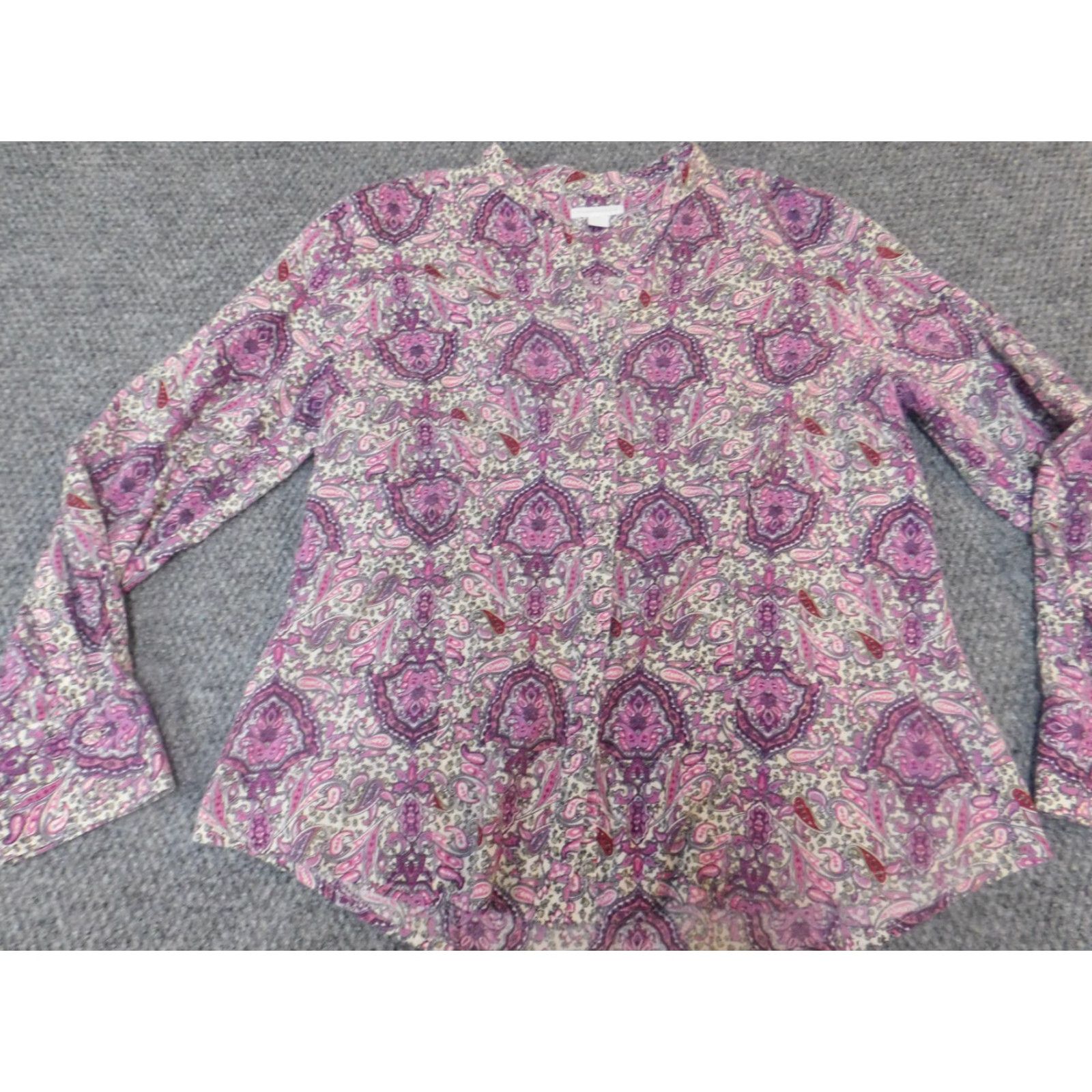 Charter Club Charter Club Blouse Womens 10 Purple Paisley Knit 100% Cotton Long Sleeve Cap Sleeve Button Round Neck Casual Regular Vintage: No Size L / US 10 / IT 46 - 3 Thumbnail