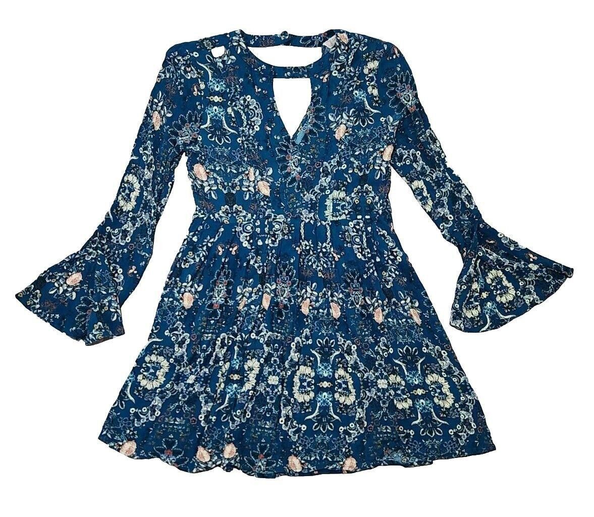 Designer Altar'd State Dress Small Blue High Neck Bell Sleeves Boho Size S / US 4 / IT 40 - 1 Thumbnail