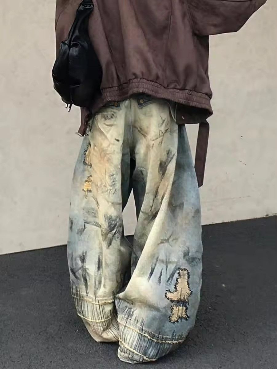 Designer × Japanese Brand × Vintage Destruction Style Embroidered Wide Leg Denim Size 32" / US 10 / IT 46 - 2 Thumbnail