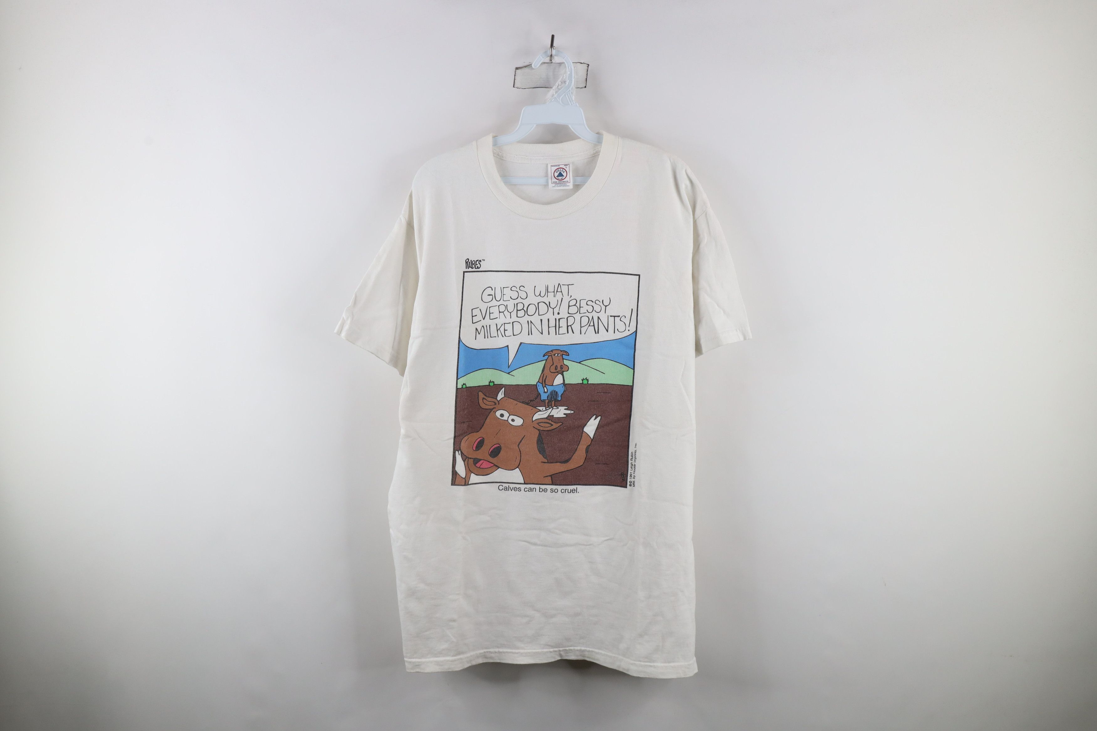 Vintage Vintage 90s Funny Cow Short Sleeve T-Shirt White Cotton Size US L / EU 52-54 / 3 - 1 Thumbnail