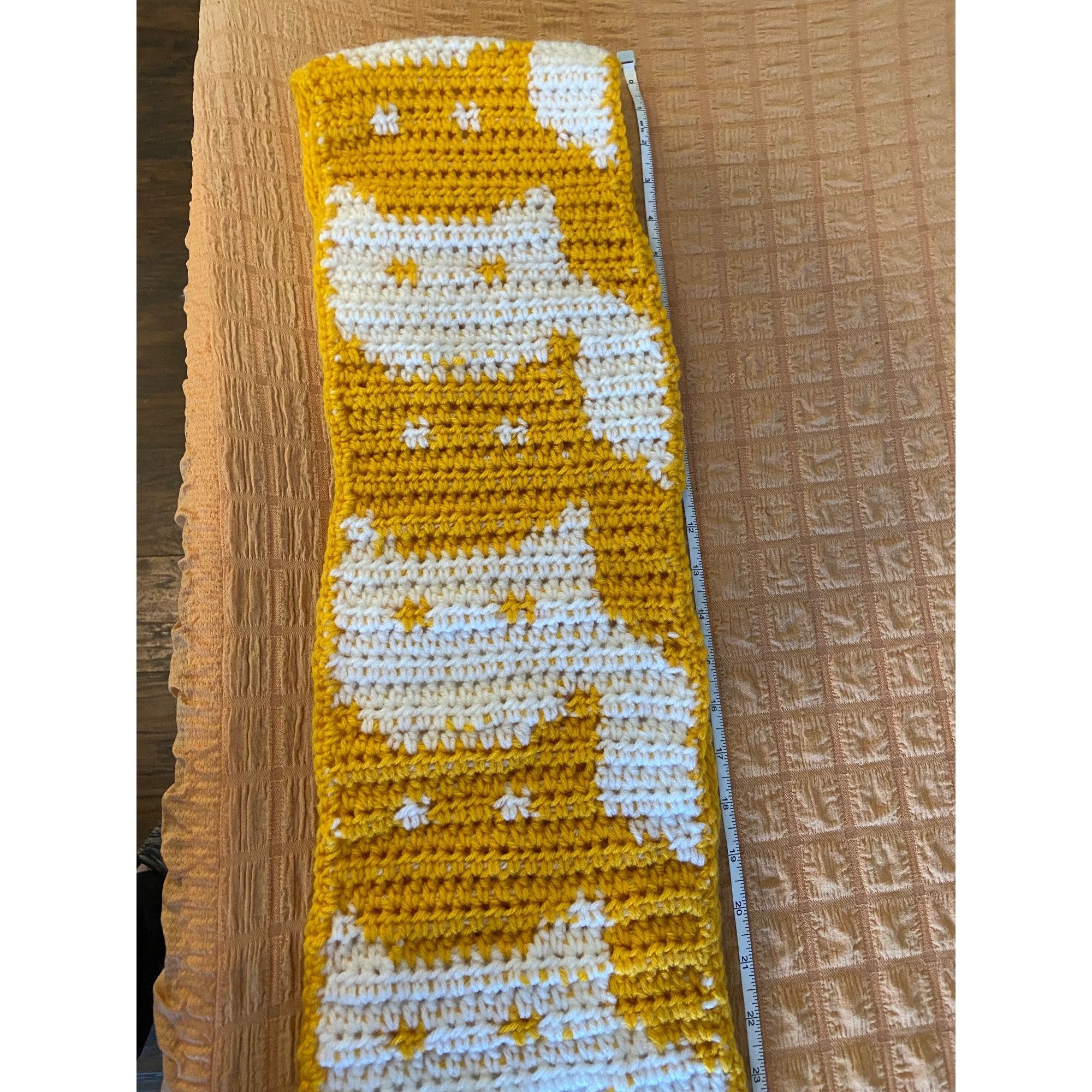Other Handmade Crochet Winter Scarf Cat Motif Yellow/White W/5” Fr Size ONE SIZE - 7 Thumbnail