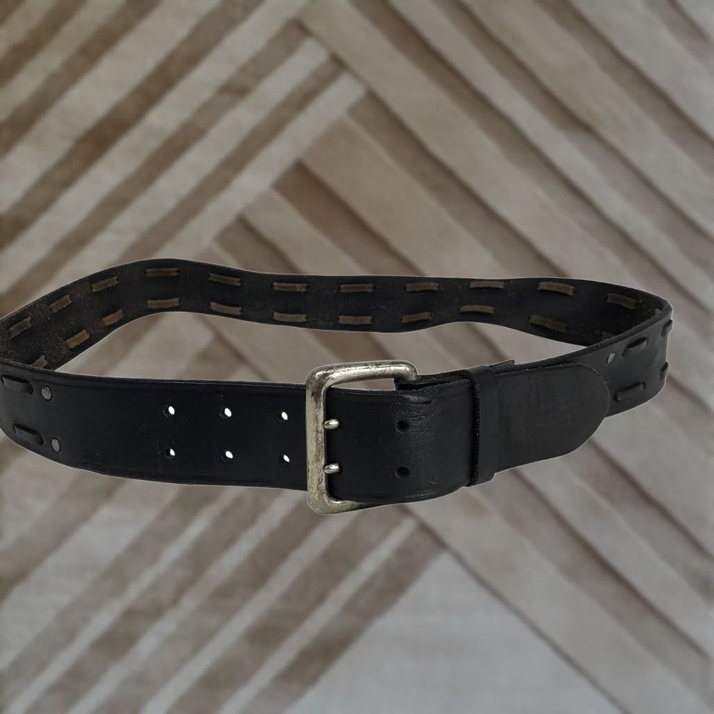 Lucky Brand Lucky Brand Mens Black Leather Belt Double Prong Whipstitch Silver Buckle 40 Western Work Belt Mens Size 32 - 1 Thumbnail