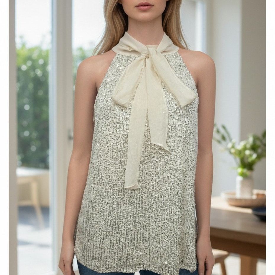 Calvin Klein NWT Calvin Klein Sequin Top Blouse Sleeveless Tie Front M Size M / US 6-8 / IT 42-44 - 1 Thumbnail