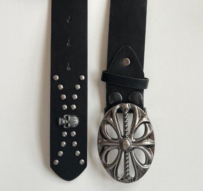 Japanese Brand 110 cm skeleton chrome cross studded goth emo black belt Size ONE SIZE - 2 Thumbnail
