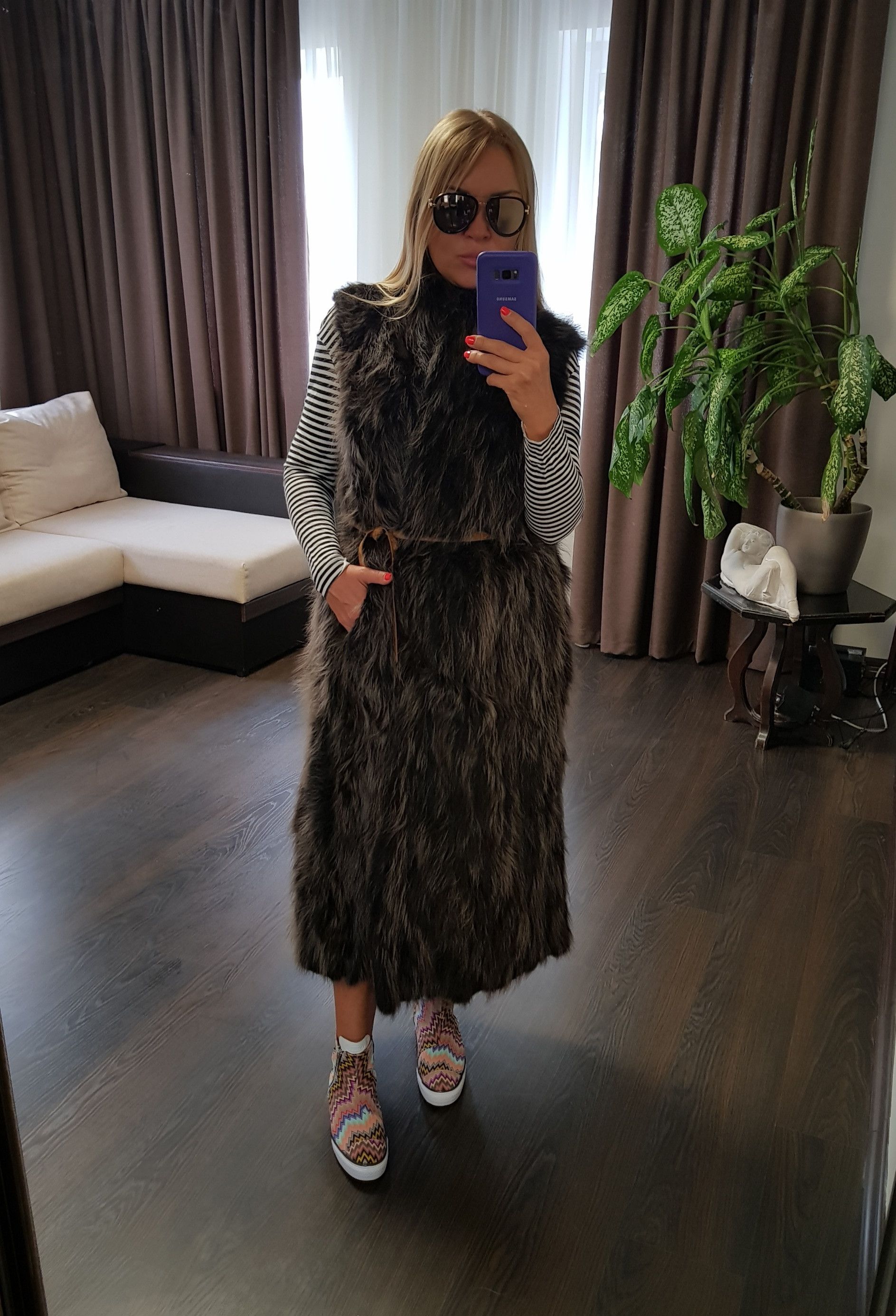 Genuine Leather Real fur black / brown long vest Size L / US 10 / IT 46 - 4 Thumbnail