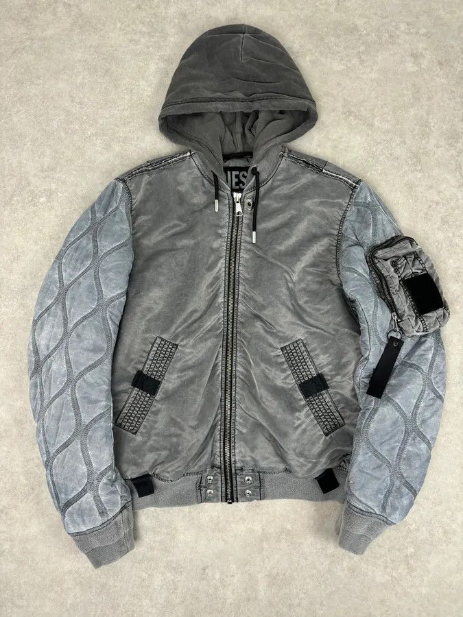 Diesel Diesel Hooded Grey Quilted Sleeves Bomber Jacket Size US M / EU 48-50 / 2 - 1 Thumbnail