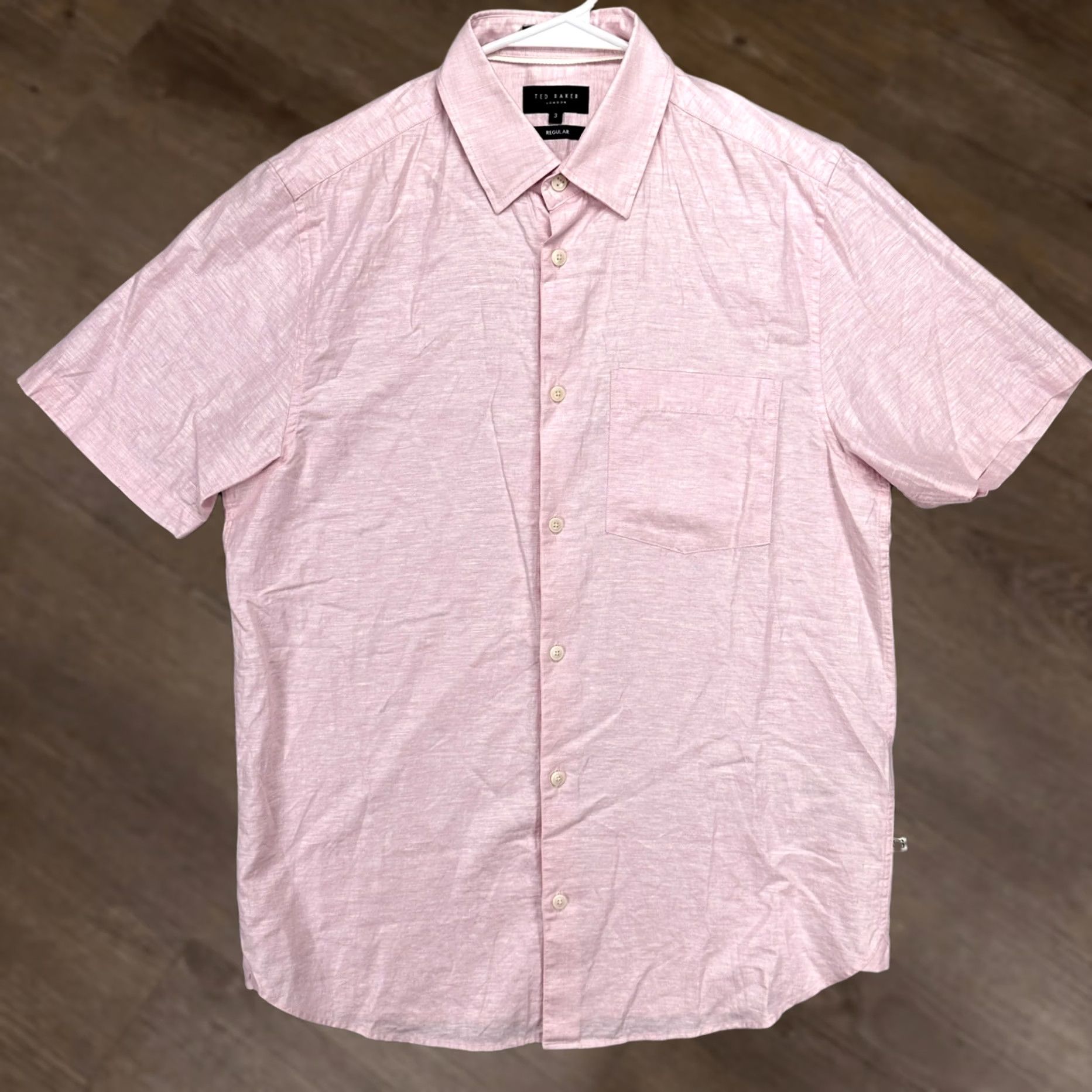 Ted Baker Ted Baker Shirt Mens Button Up Short Sleeve Light Pink Linen Blend 3 Small Cotton Fall Summer Casual Formal Travel Shirt Mens Size US S / EU 44-46 / 1 - 1 Thumbnail
