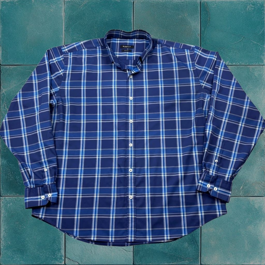 Bugatchi Shirt Mens 2XL Classic Fit Blue Plaid Button Down Long Slv Tech Stretch, Men's (Size Xxl)