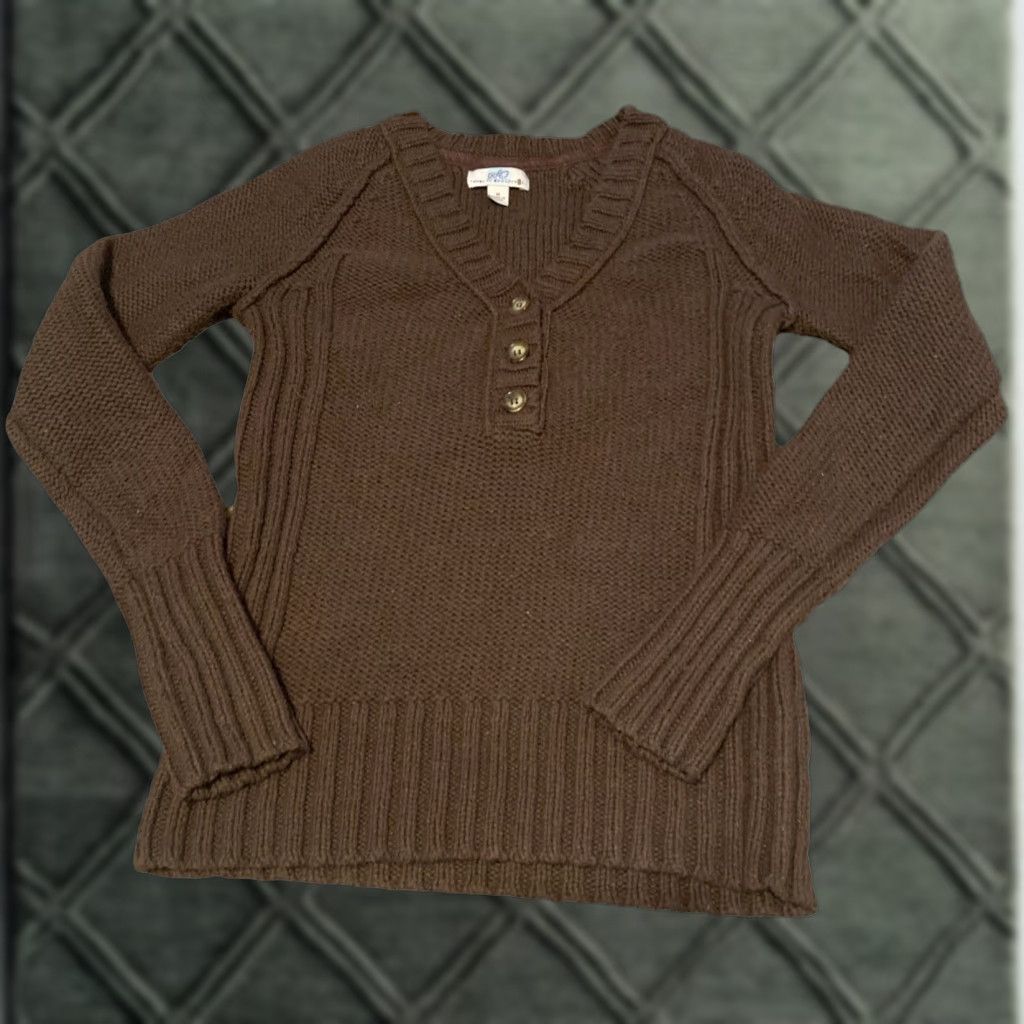 Vintage SO Jrs. Medium Y2K Sweater Pullover Brown V-Neck Button Knit Slim 90s Hipster Grunge 1026 Size M / US 6-8 / IT 42-44 - 1 Thumbnail