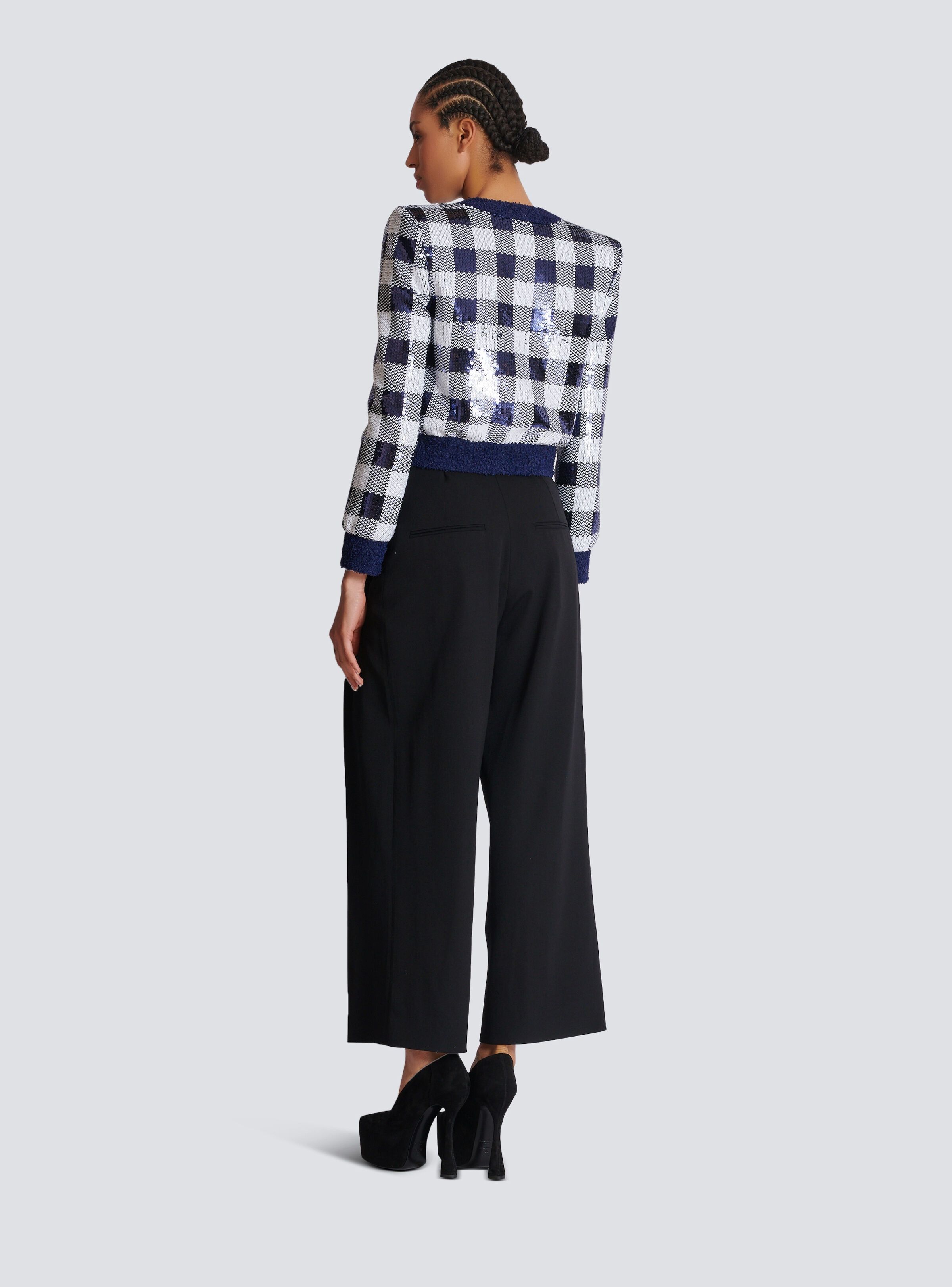Balmain o1s1wg110825 Sequin Embellished Gingham Jacket in Blue Size XL / US 12-14 / IT 48-50 - 4 Thumbnail