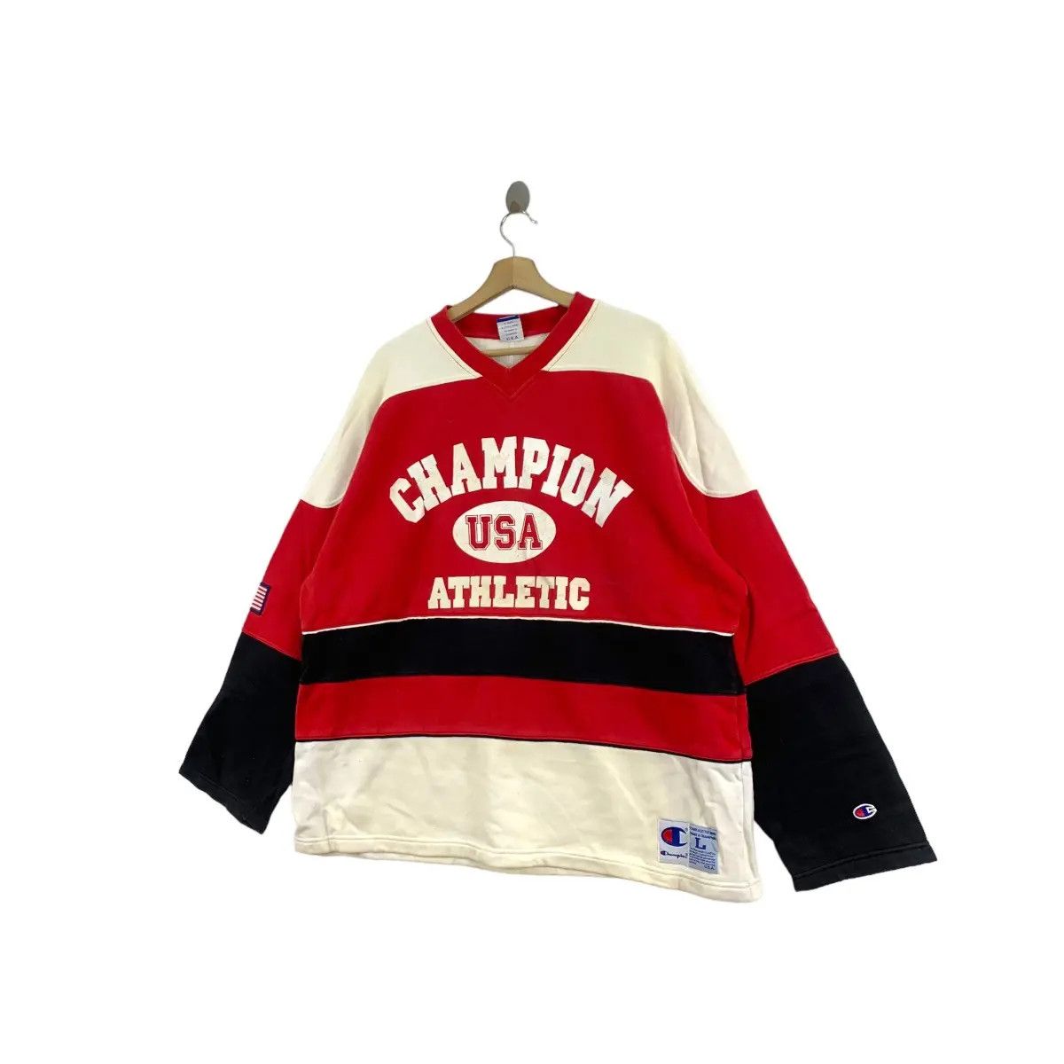 Champion Vintage CHAMPION USA ATHLETIC Striped V Neck Sweatshirt Size L / US 10 / IT 46 - 3 Thumbnail