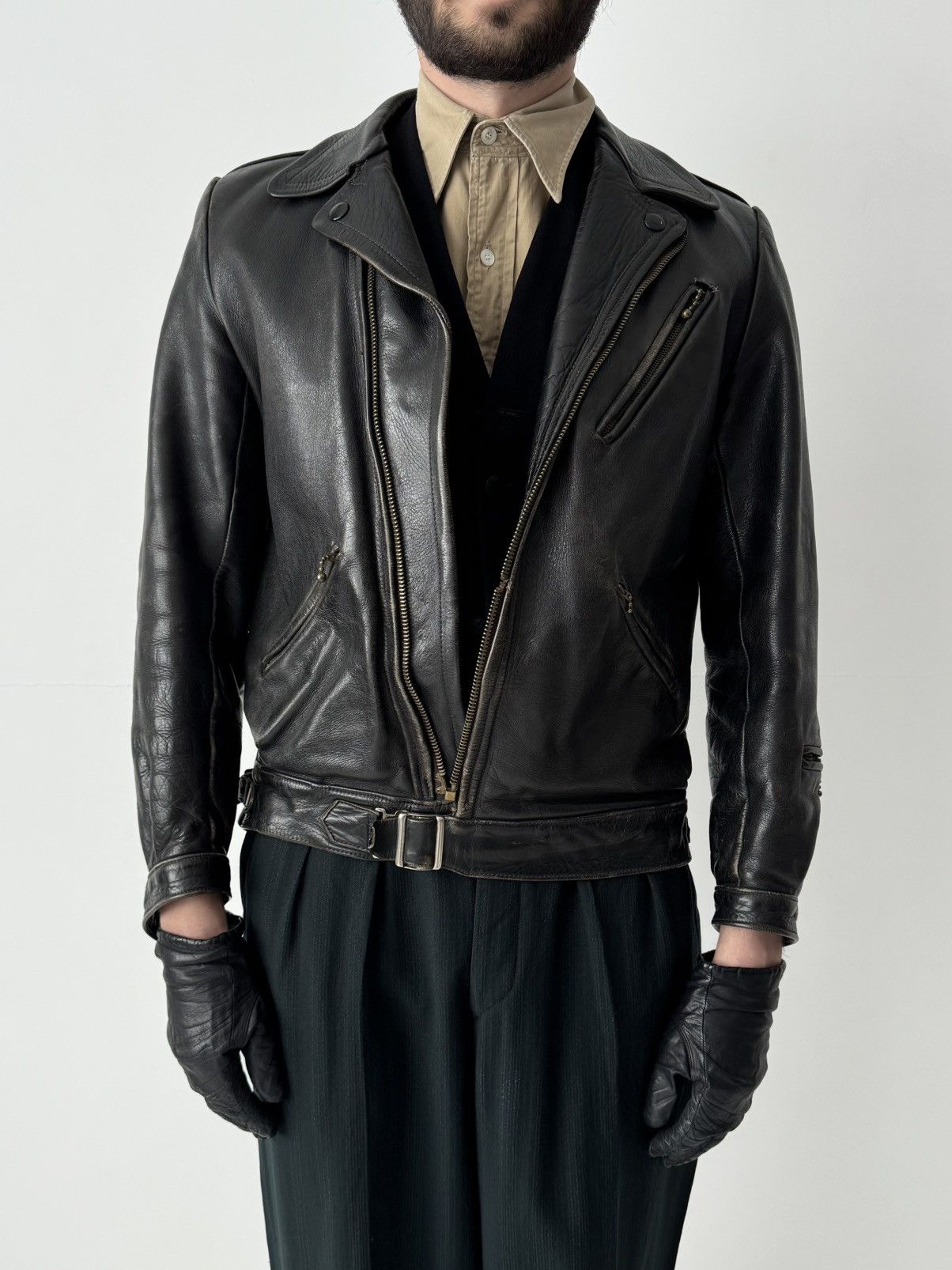 Vintage 1940s Austrian Motorcycle Black Leather Jacket Size US M / EU 48-50 / 2 - 2 Thumbnail