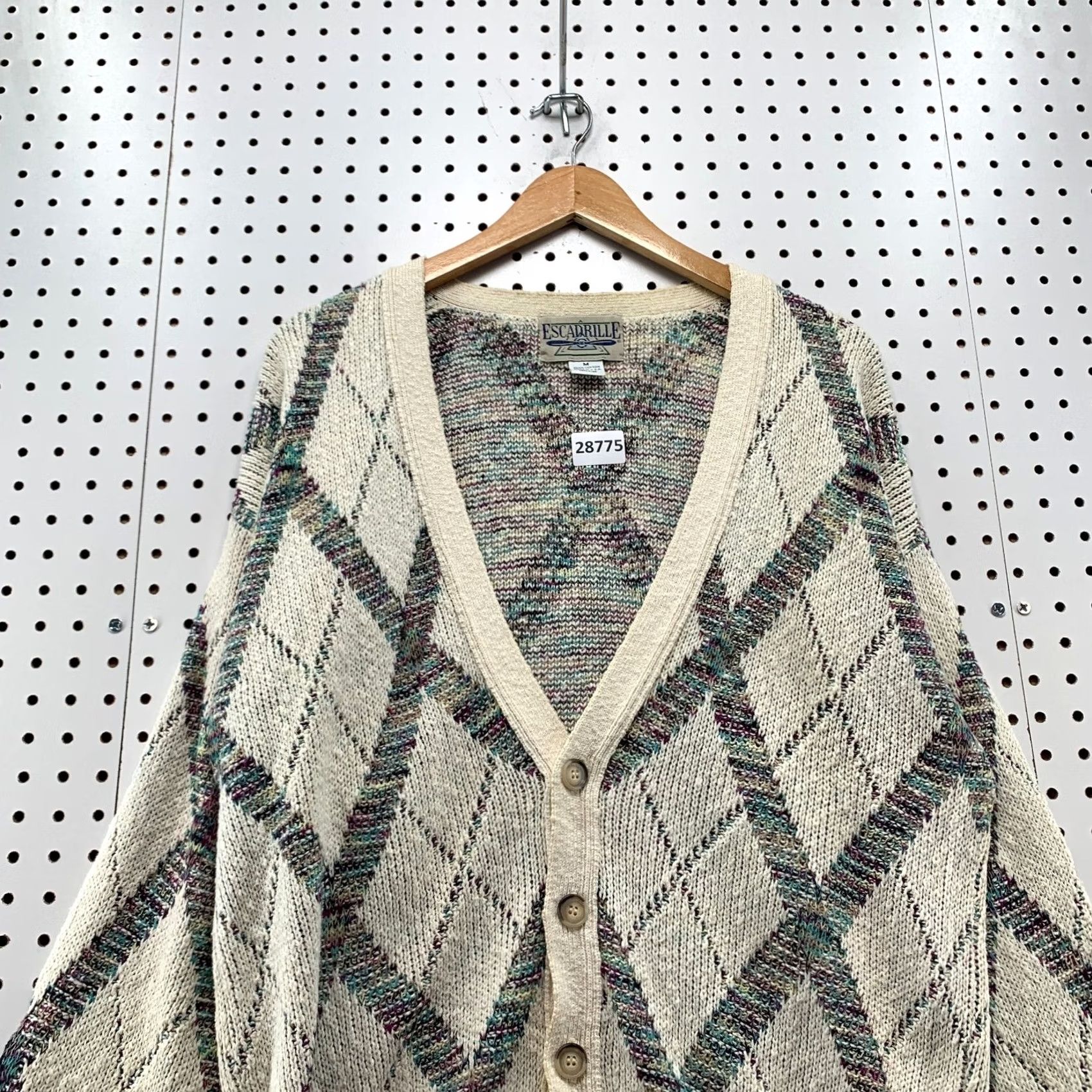 Vintage VINTAGE Escadrille Knit Cardigan Sweater Mens M Beige Argyle 90s USA 23X27 Size US M / EU 48-50 / 2 - 5 Thumbnail