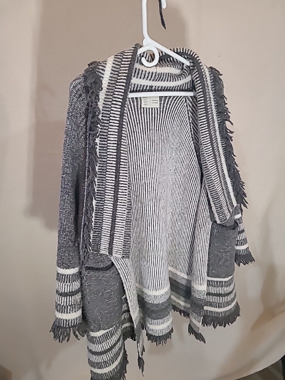 Other Saturday Sunday Open Front Gray Stripe Fringe Cardigan Size L / US 10 / IT 46 - 2 Thumbnail