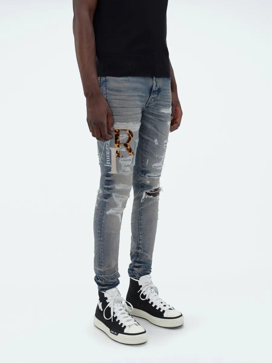 Amiri o1gr1nt0525 Leather Staggered Logo Jeans in Vintage Indigo Size US 31 - 4 Thumbnail