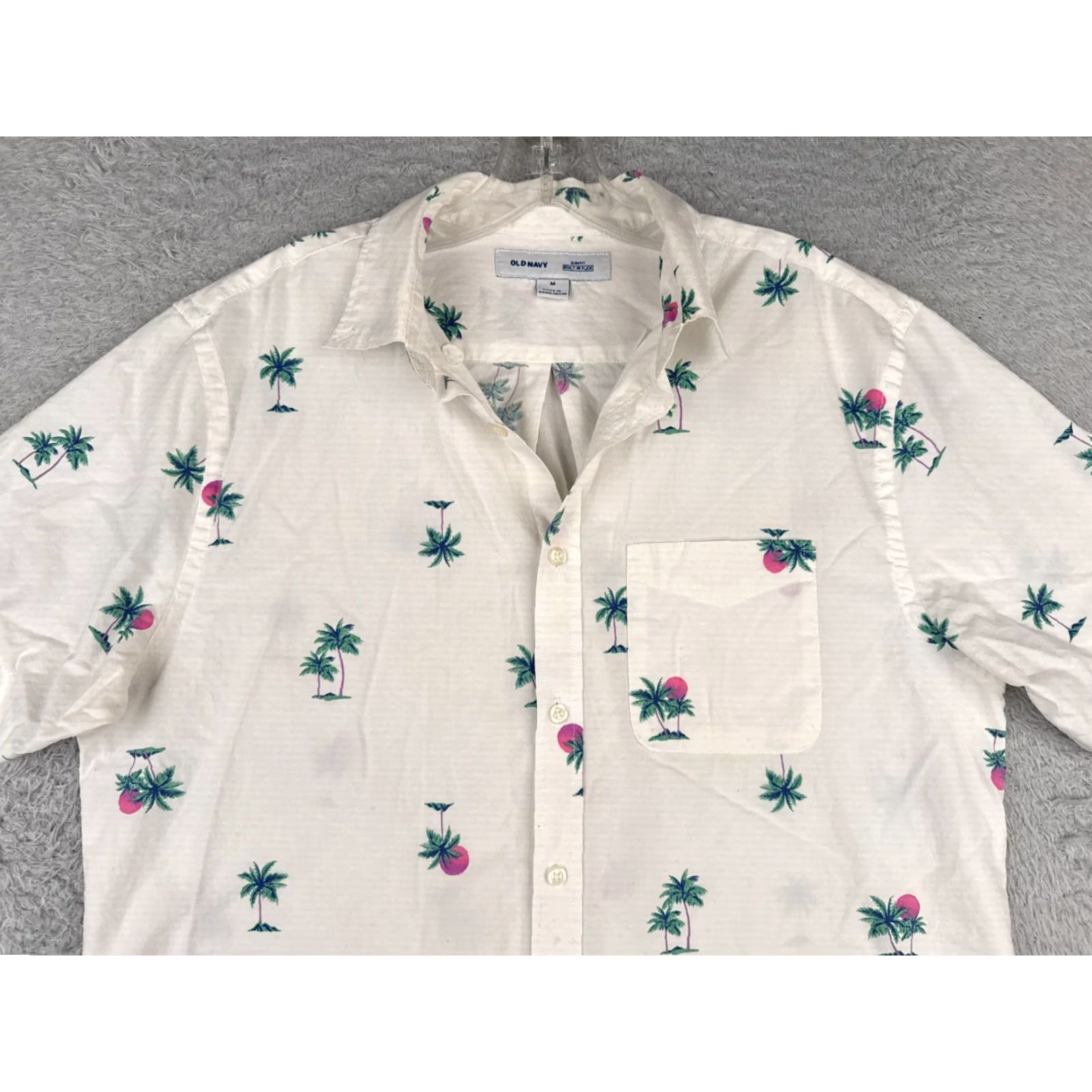 Old Navy VINTAGE No | Old Navy Button-Up Shirt Men M White Palm Tree Sunset Hawaiian Cotton Short Sleeve Casual Regular Fit 36 Chest - Mens Size US M / EU 48-50 / 2 - 4 Thumbnail