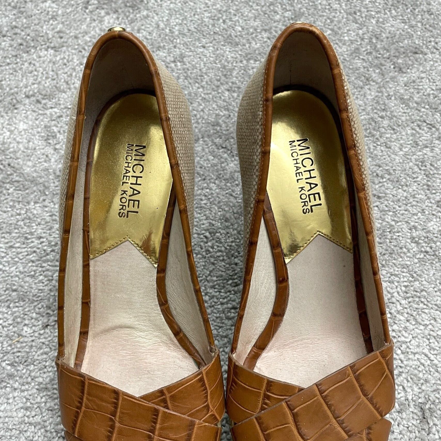 Michael Kors Micheal Michael Kors Wedge Sandals Womens 9M Brown Slip On Espadrille Peep Toe Leather Upper Cork Insole Logo Breathable Comfort Size US 9 / IT 39 - 7 Thumbnail