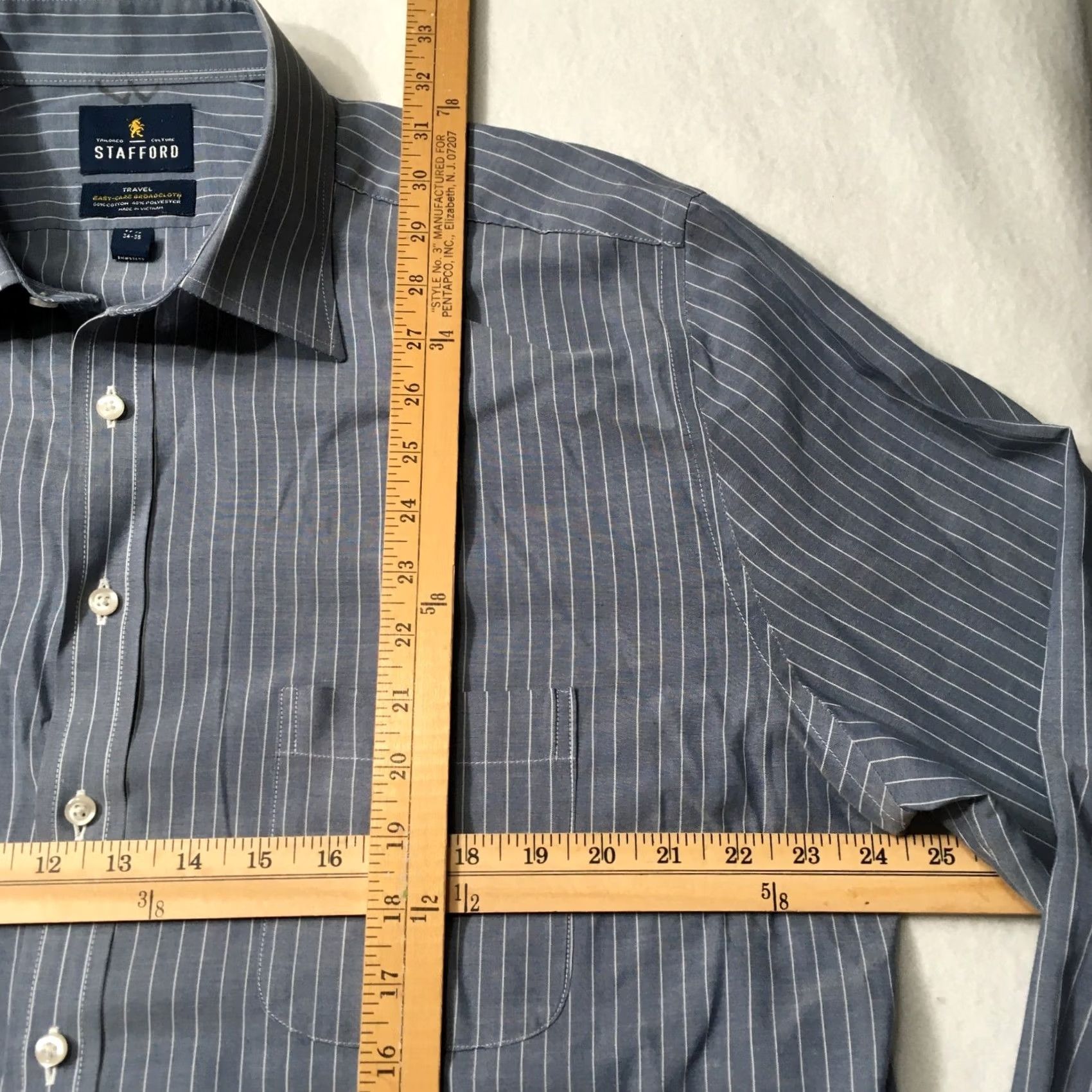 Stafford Stafford Dress Shirt Men Blue Striped Long Sleeve Button 17.5 34-35 Travel Size 46R - 5 Thumbnail
