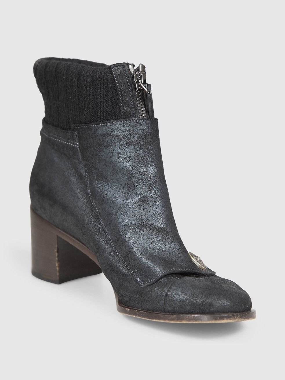 Black Leather & Knit Ankle Heeled Boots