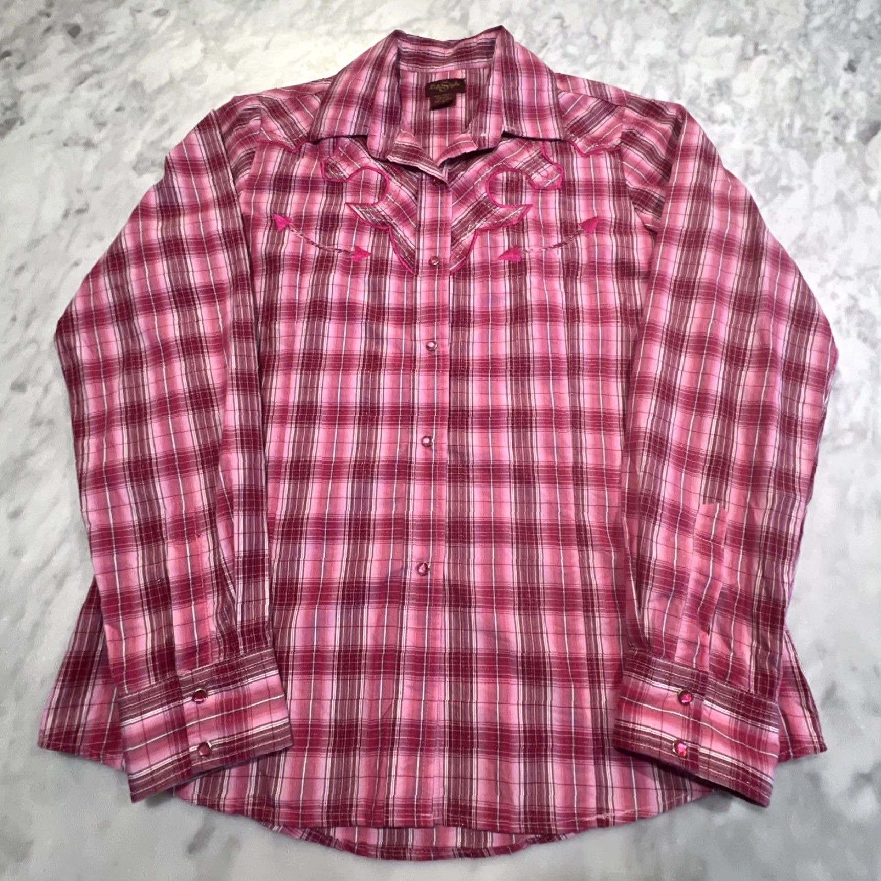 Vintage Life Style Women's Western Snap Shirt Long Sleeve Plaid Pink Rhinestones Large Size L / US 10 / IT 46 - 2 Thumbnail