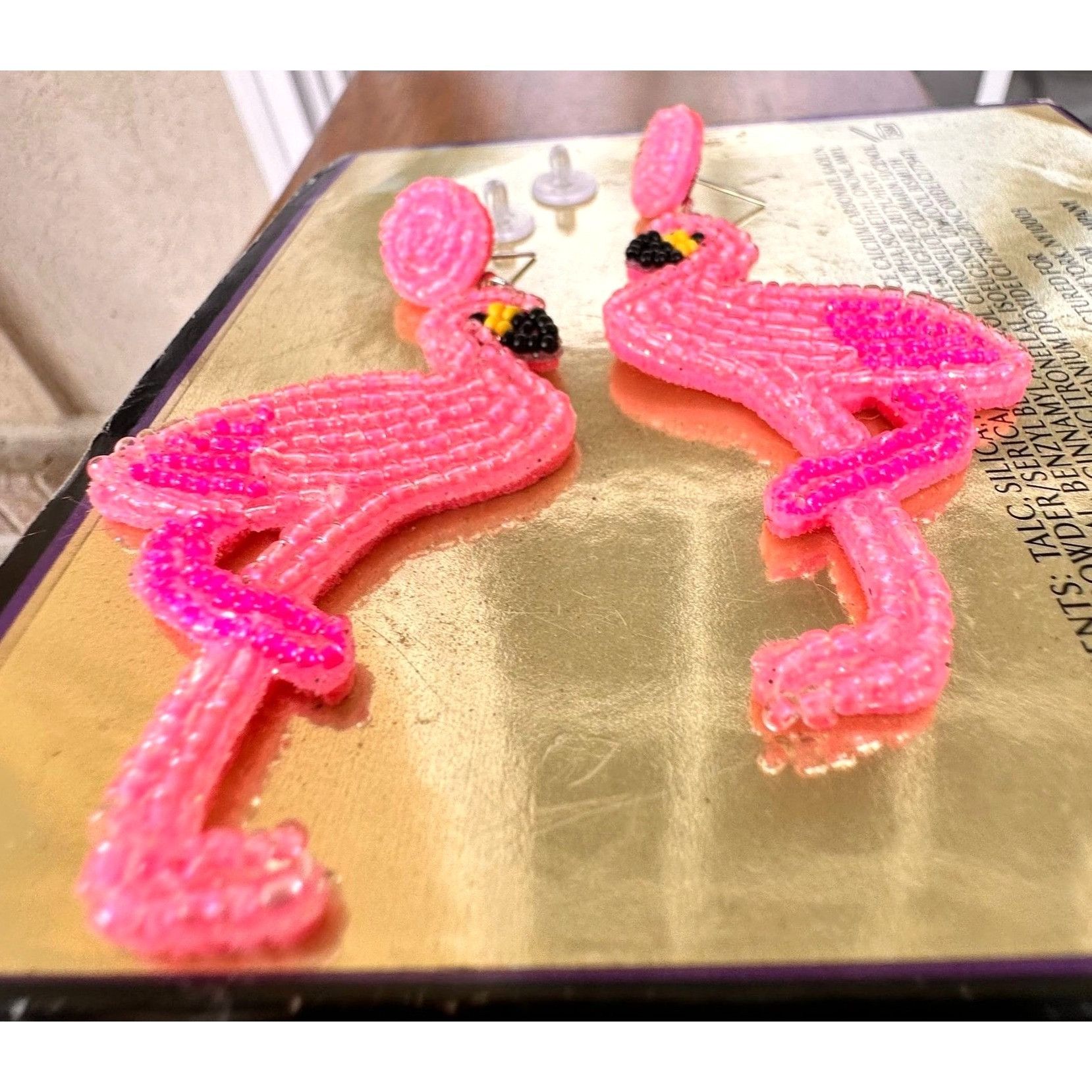 Handmade Flamingo Earrings Beaded Dangle Posts Pink Statement Jewelry Size ONE SIZE - 10 Thumbnail