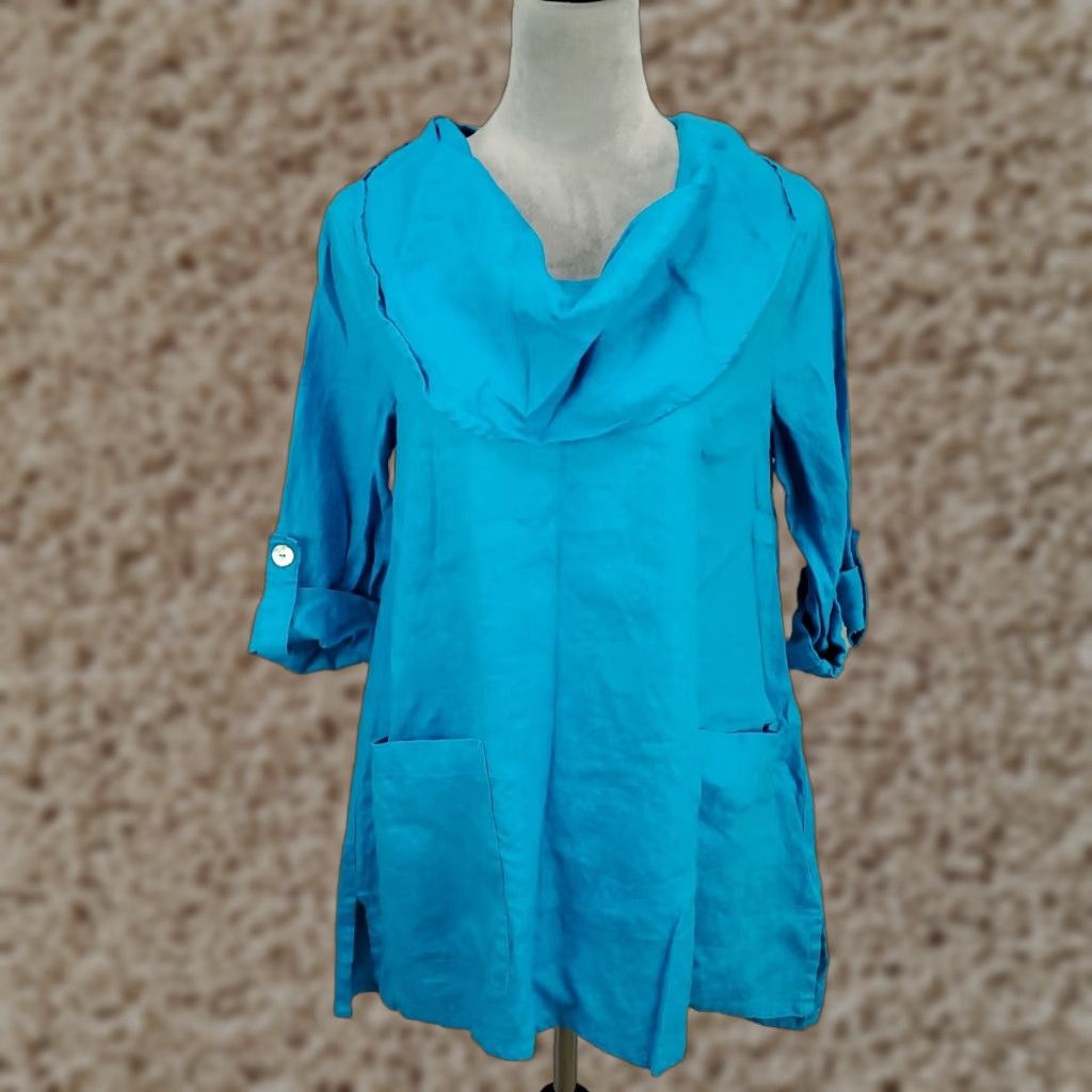 Vintage VINTAGE Ali Miles Linen Tunic Dress Womens Small Blue Casual Flowy  Cowl Neck Roll Tab Sleeves | Grailed