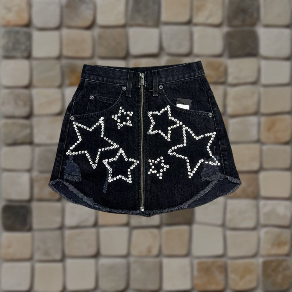 Denime Carmar Skirt Womens Mini 23 Black Denim Distressed Rhinestons Stars Size 40" / US 18 - 1 Thumbnail