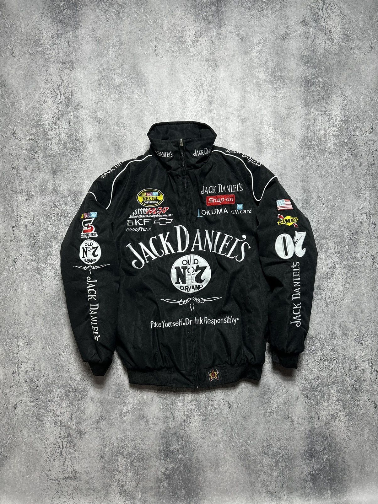 image of Vintage Racing Jacket Jack Daniels 90's Big Logo Black, Men's (Size Medium)
