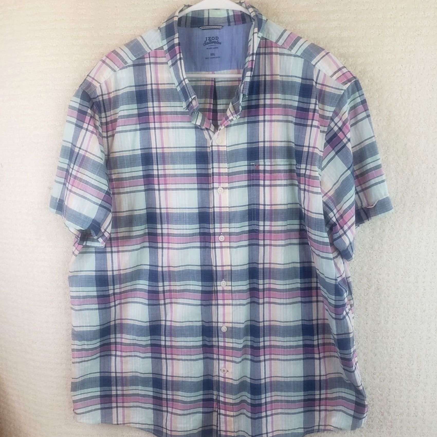 Izod IZOD Saltwater Mens 2XL Shirt Blue Pink Plaid Button-Down Short Sleeve Cotton Size US XXL / EU 58 / 5 - 2 Thumbnail