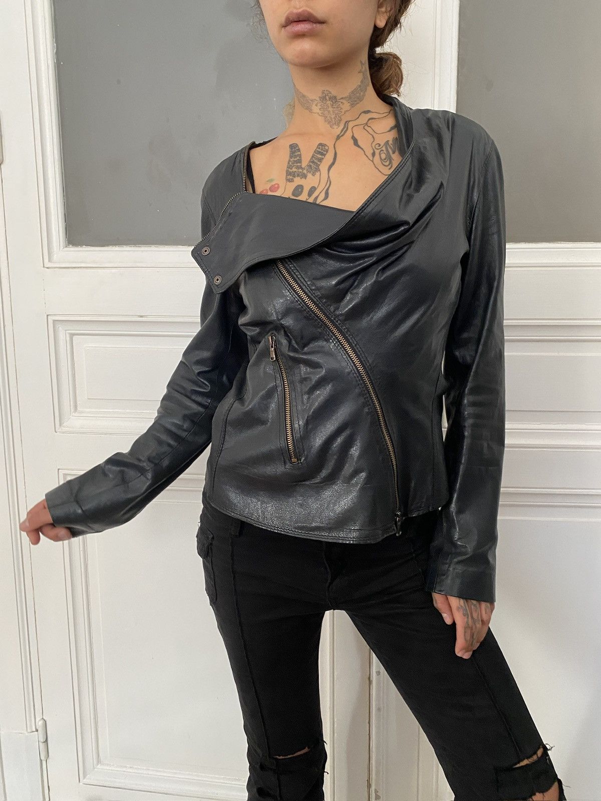 If Six Was Nine Avant garde drapped asymmetrical leather jacket Size S / US 4 / IT 40 - 2 Thumbnail